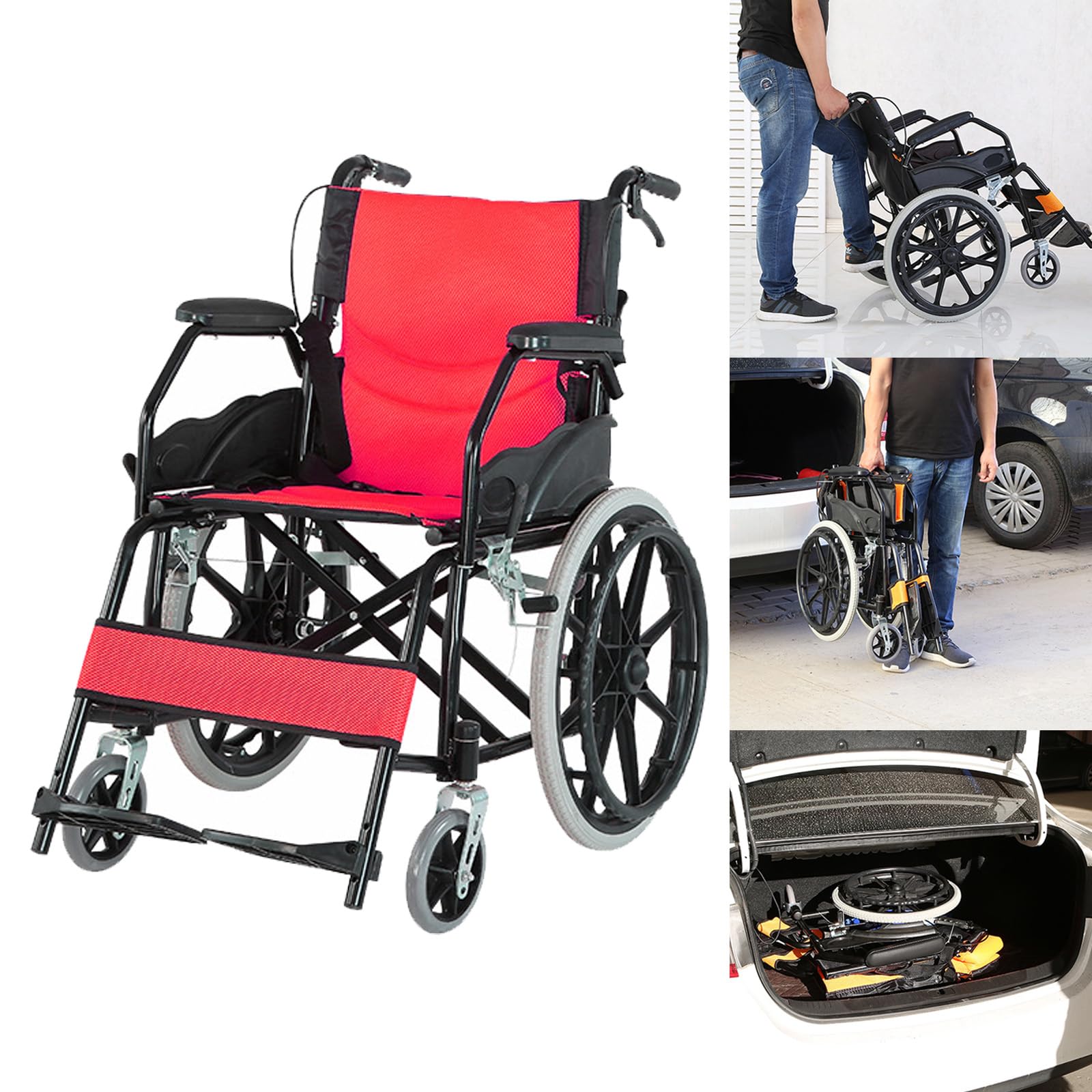 Silla de ruedas manual para adultos, ruedas traseras de 20", silla de ruedas de transporte plegable con respaldo ergonómico, silla de ruedas autopropulsada para exteriores, hogar y viajes, negra