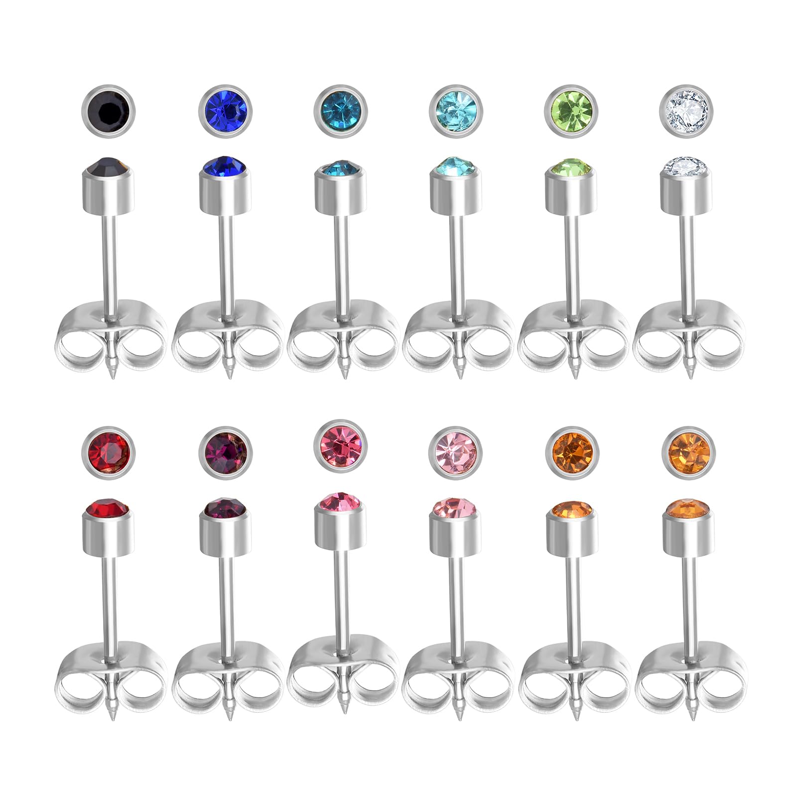 JMTOBETOP Stainless Steel Ear Piercing Stud Earrings for Piercing Guns Surgical Steel Round CZ Birthstone Stud Earrings Set 12 Pairs