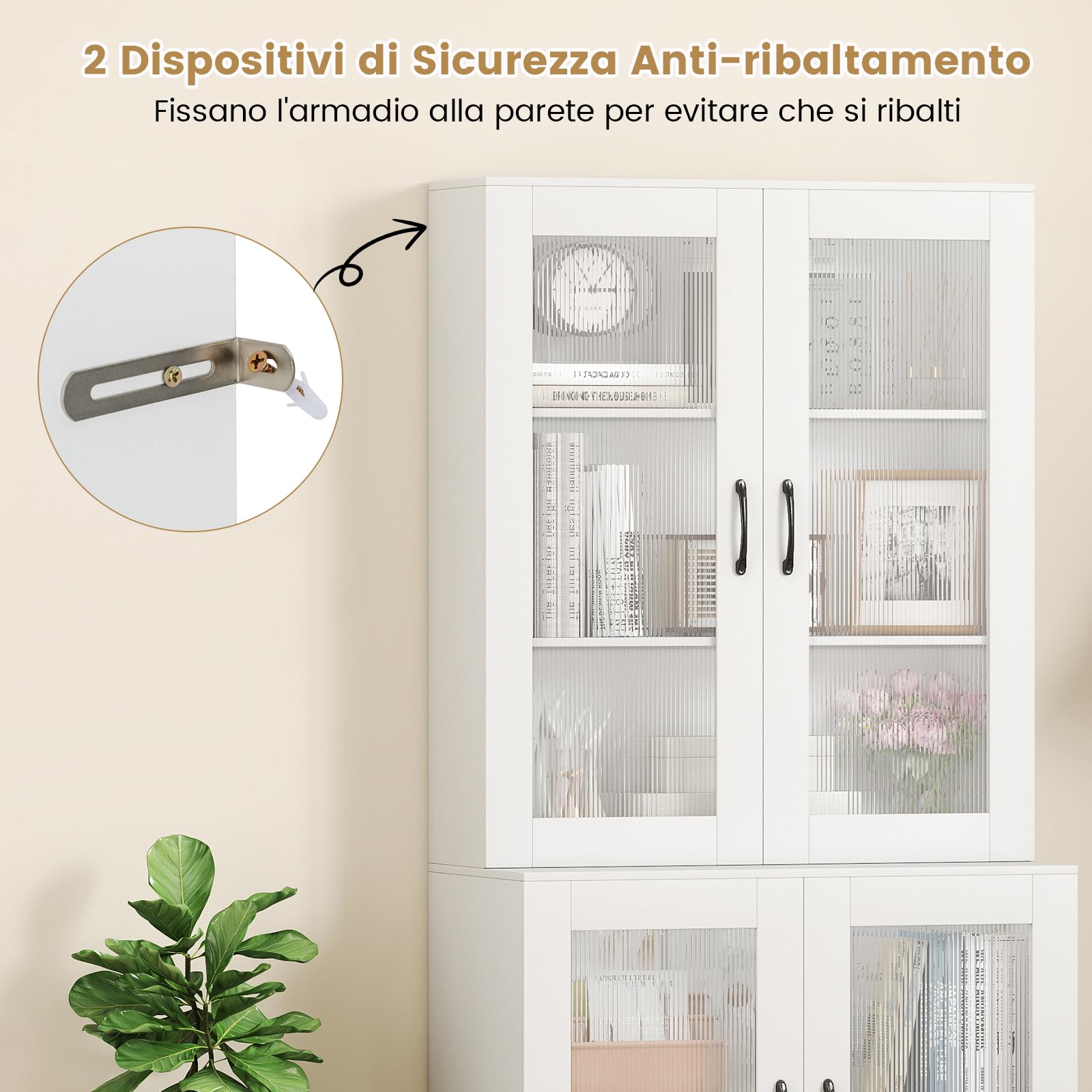 RELAX4LIFE Dispensa Cucina, Credenza Autonoma con Ante Traslucide & Ripiano Regolabile, Armadio Alto Moderno per Soggiorno, Sala da Pranzo, Ufficio a Casa, 80 x 40 x 178,5 CM, Nero/Bianco (BIANCO)