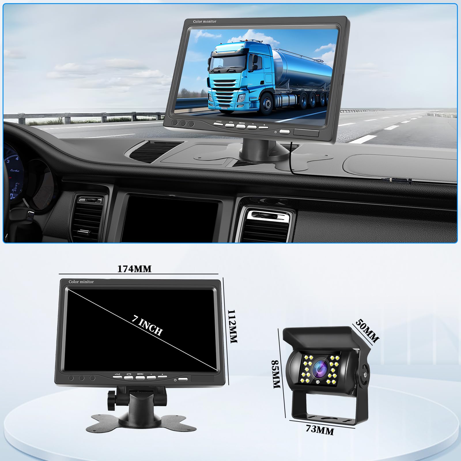 Hikity Drahtlose Rückfahrkamera Monitor Kit, 7 Zoll Monitor mit Rückfahrkamera 18 IR Nachtsicht Wasserdichtes Kamera Kit für RV Van LKW