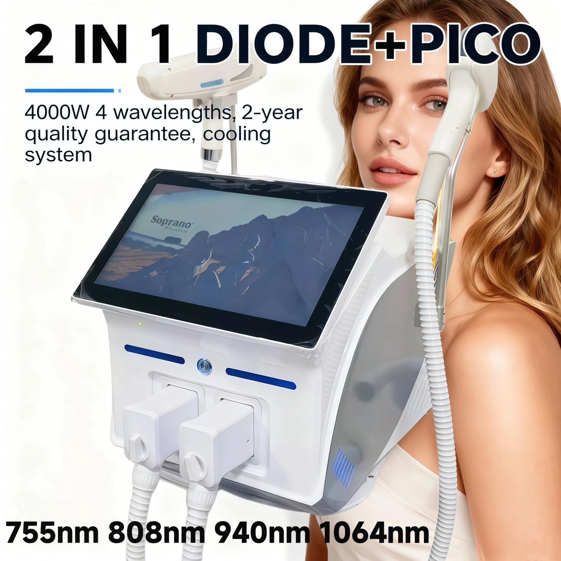 Laser diodo 2 in 1 808nm + macchina laser picosecondi per depilazione professionale, 4 lunghezza d'onda 755nm 808nm 940nm 1064nm, bellezza della pelle, rimozione del tatuaggio/pigmento