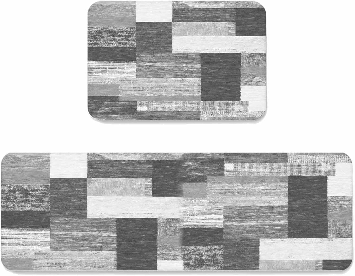 Prime Leader Black White Wood Stripes Kitchen Mat Set 2 Pieces Retro Geometric Black White Wood Plank Non Slip Kitchen Rugs Washable Runner Rug Mats for Sink Laundry (15.7" x 23.6"+15.7" x 47.2")