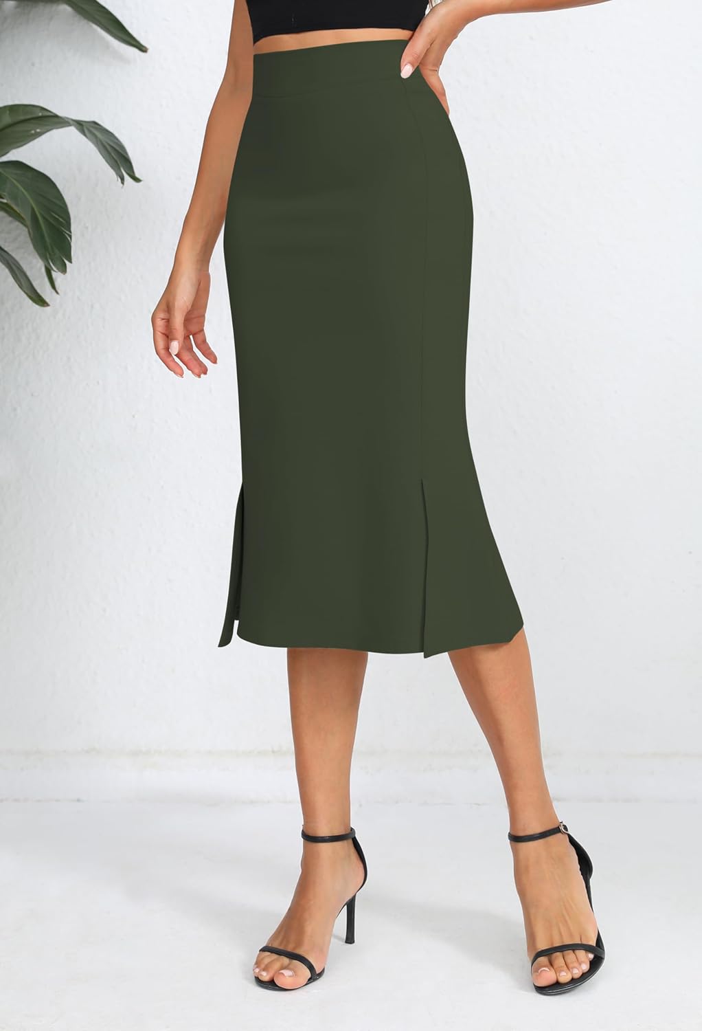 Urban CoCo Women's Stretch Office Fishtail Pencil Skirt High Waist Bodycon Midi Skirt with Slit - Image 3