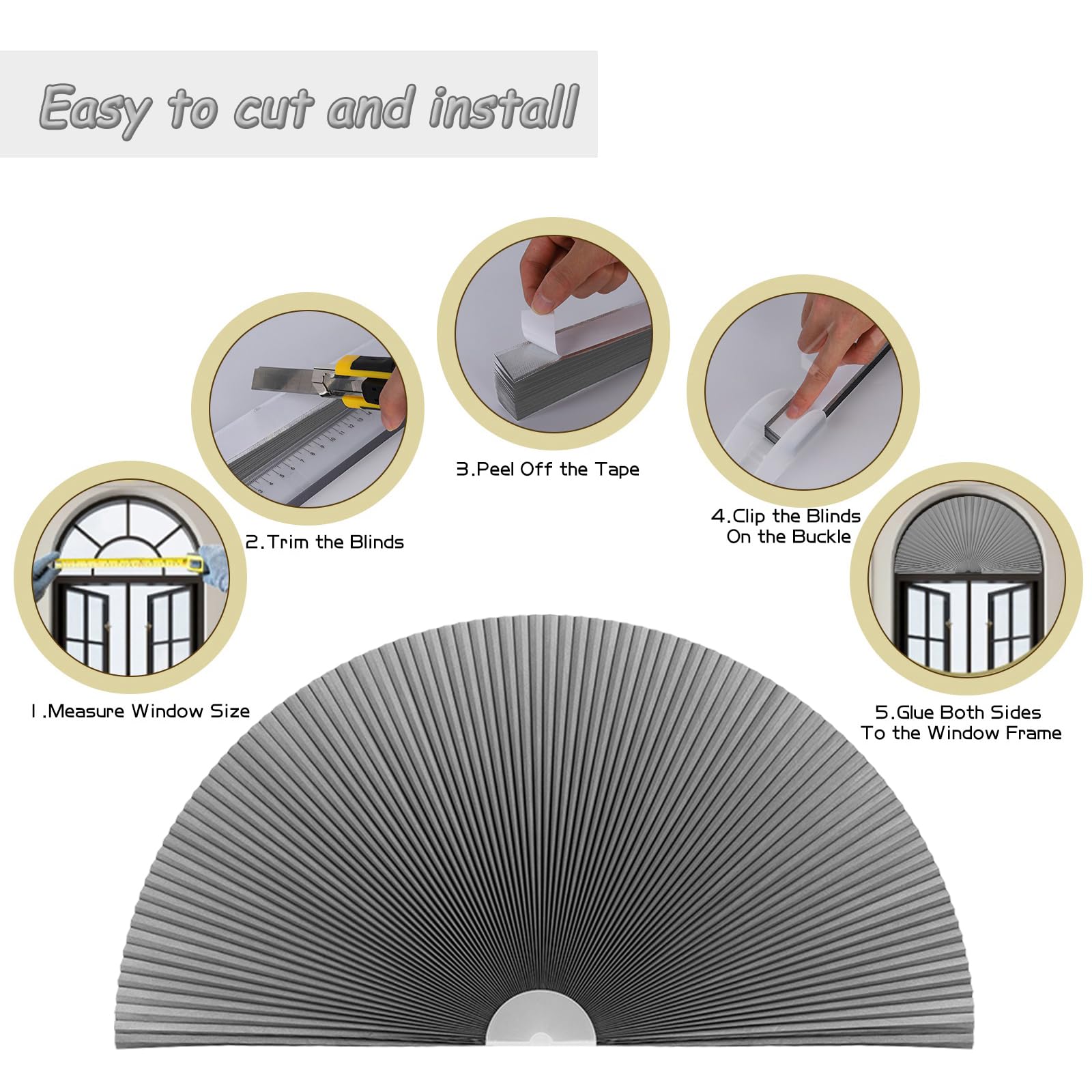 Arche occultant pour fenêtre, stores cellulaires à coller sans fil, sans perçage, en tissu de protection UV, isolation thermique, revêtement de fenêtre en demi-cercle, stores occultants pour chambre