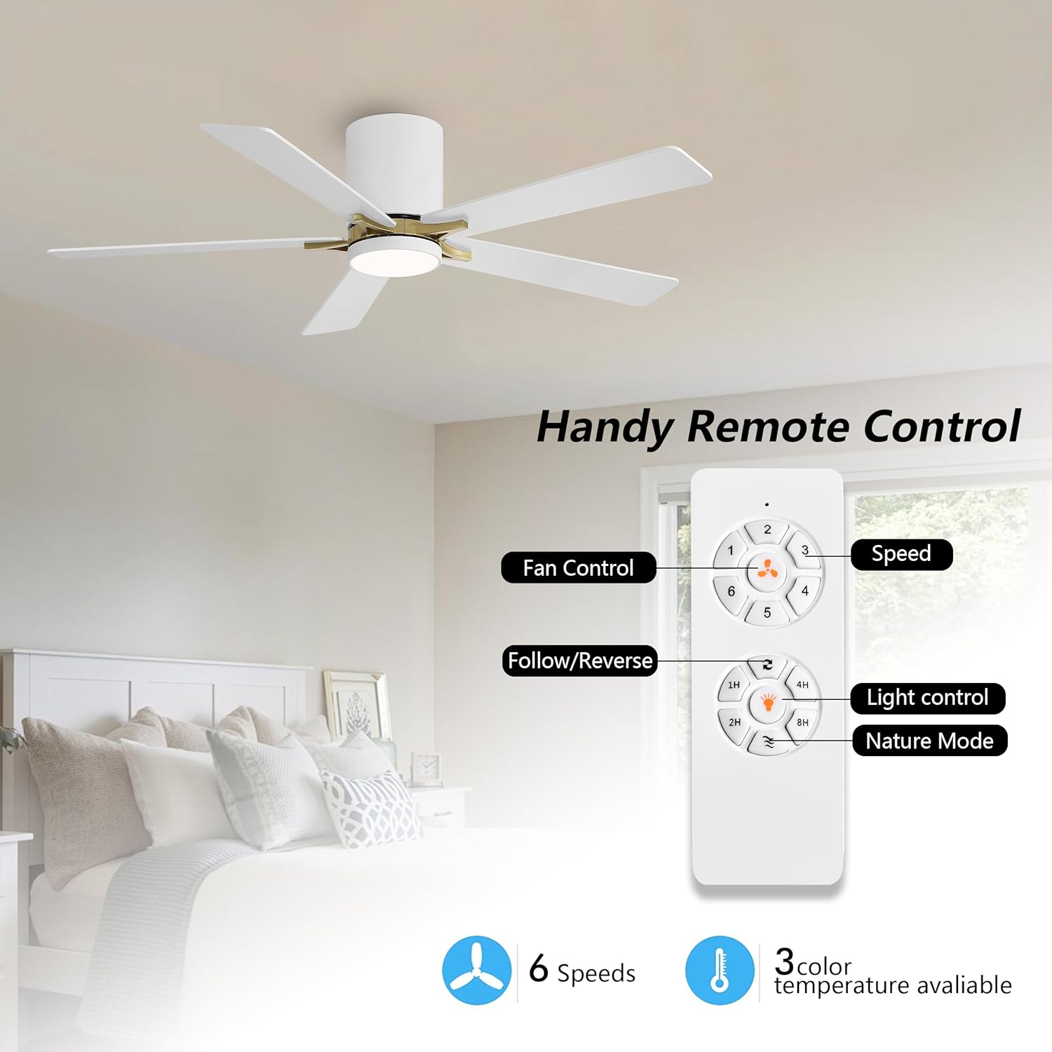 WINGBO 52" DC Flush Mount Ceiling Fan with Lights, 5 Plywood Blades, 6-Speed Reversible DC Motor, 3CCT, Low Profile Hugger Ceiling Fan for Living Room Bedroom Kitchen, White and Brass