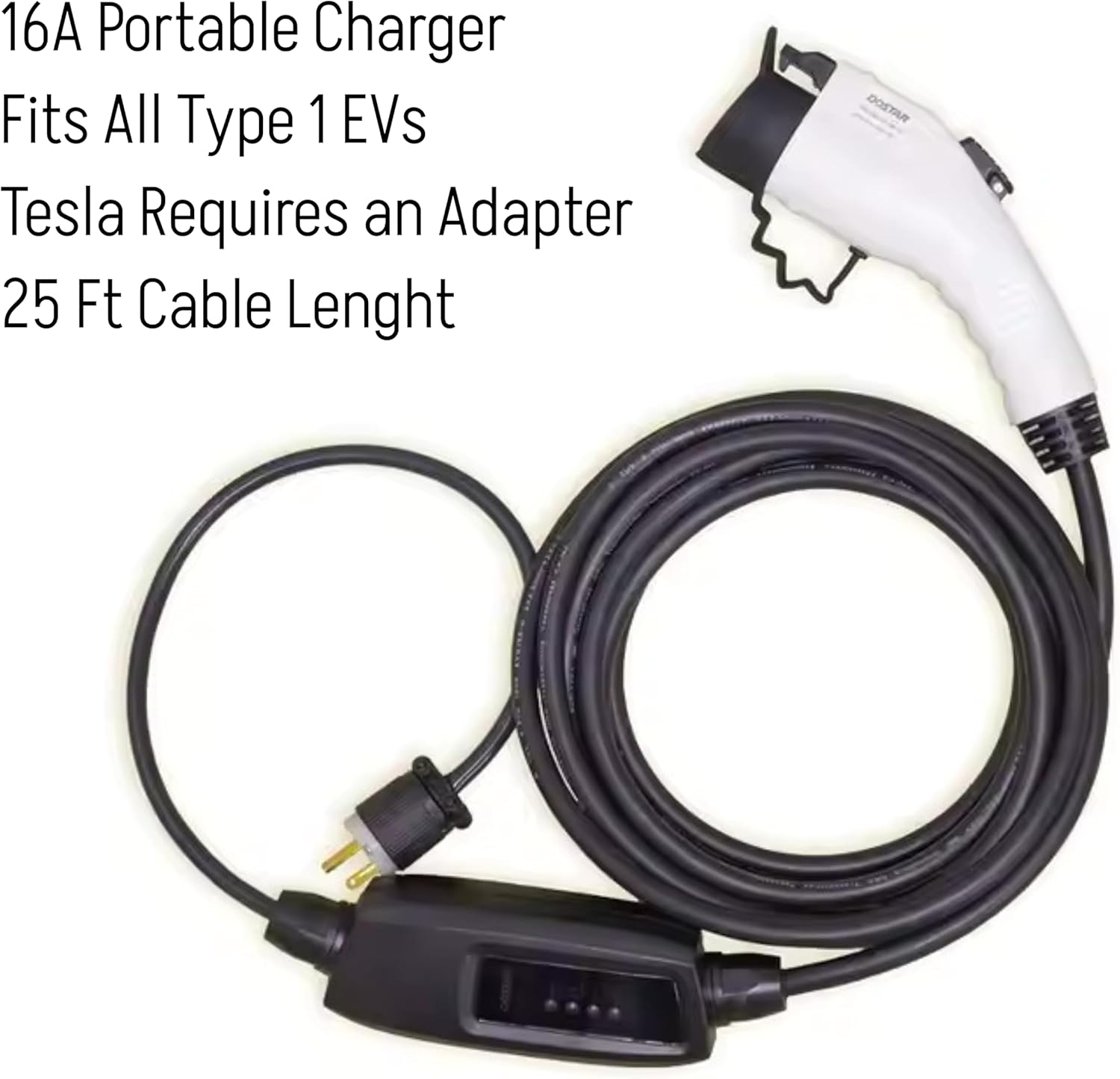 16A Level 2/Level 1 EV Portable Charger – J1772, 240V/110V, 21 ft Cable, NEMA 6-20 + 5-15 Adapter, CE/TÜV Certified, Travel Case