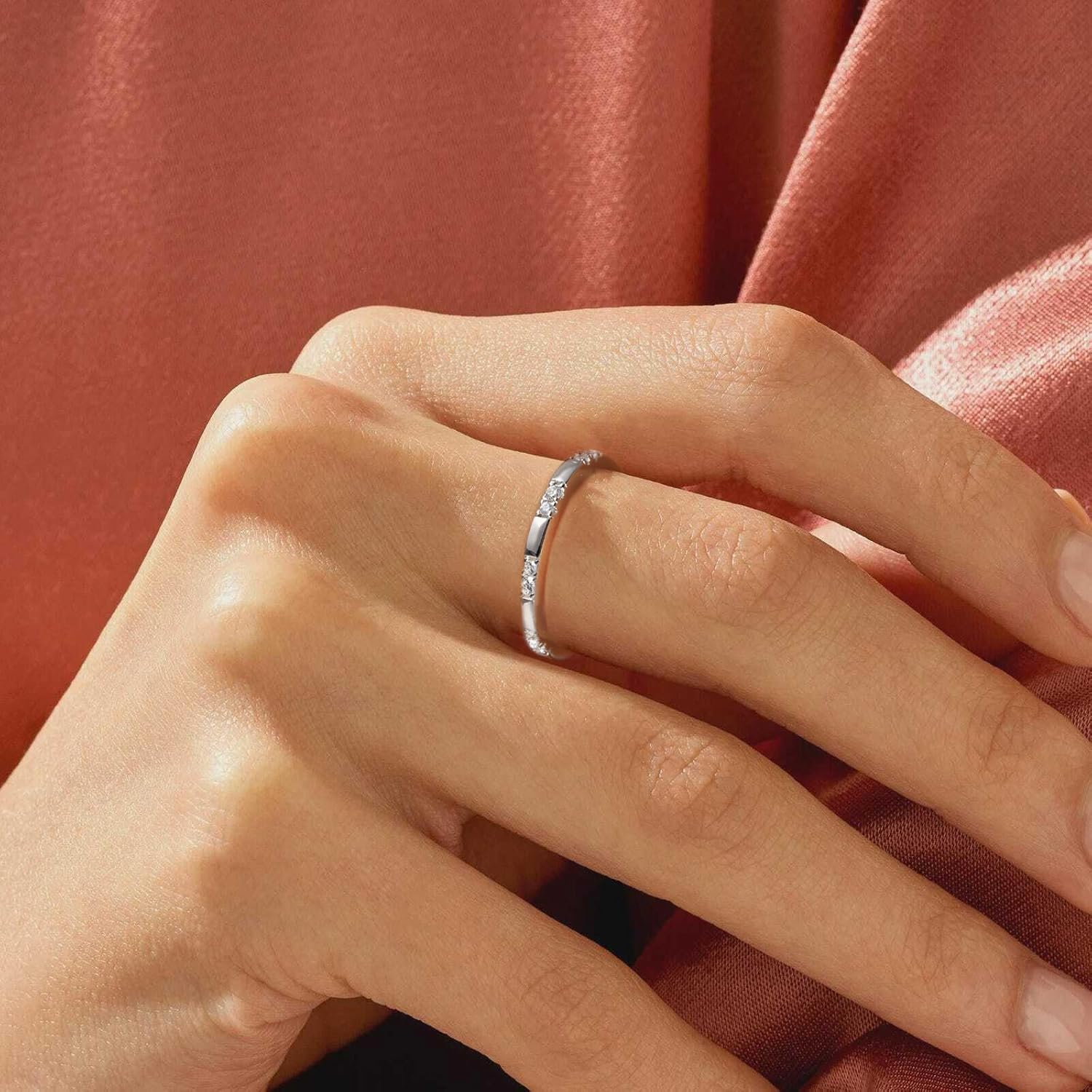 925 Sterling Silver Rings for Women Ladies Wedding Band V Shaped Heatbeat Pattern Cubic Zirconia Engagement Eternity Ring Thin Stackable Comfort Fit Size 4-12