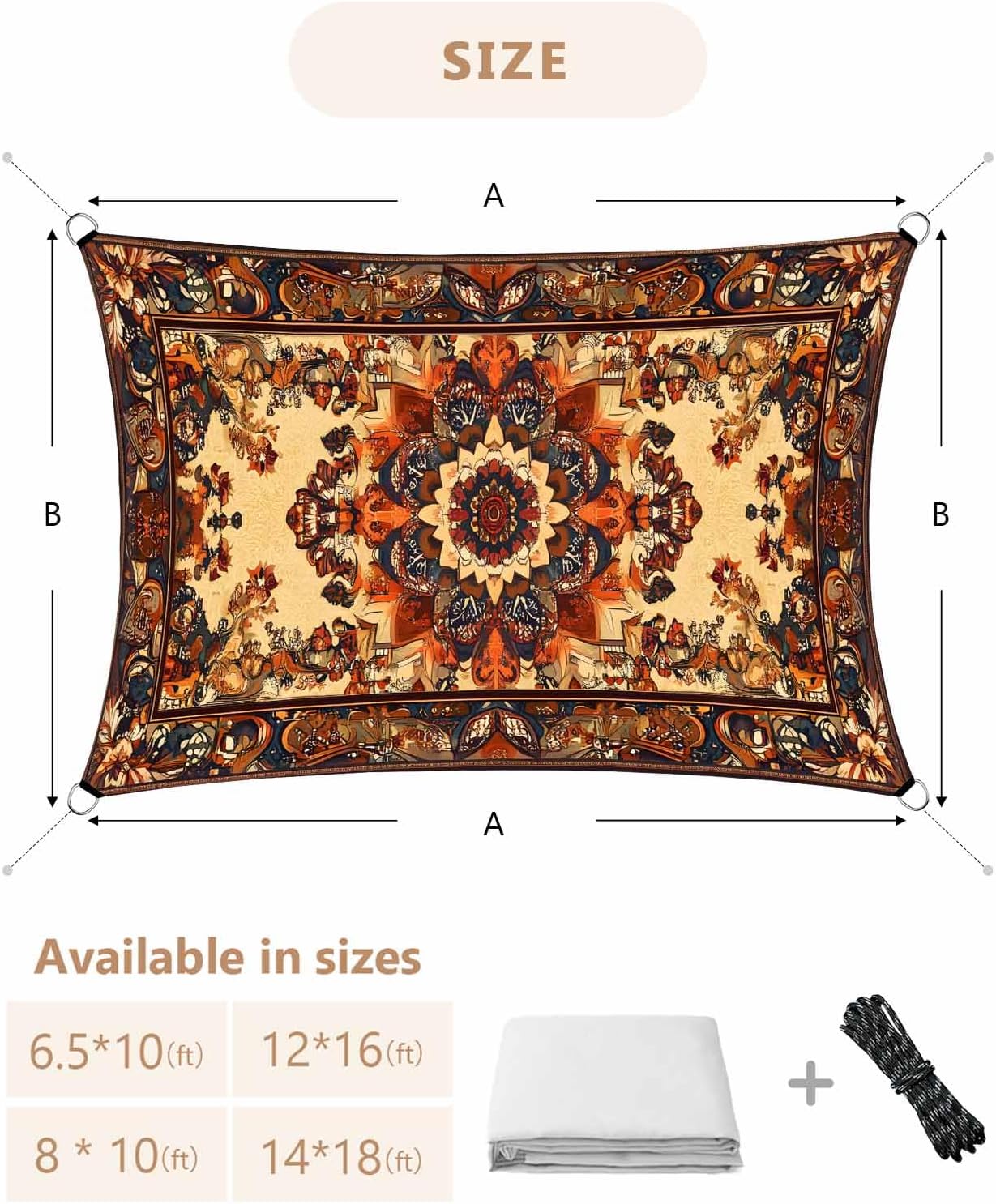 Bohemian Flower Sun Sail Shades Rectangle Canopy,Sunlight Block Heavy Duty Curved Backyard Shade Cover,Boho Tribal Colorful Distressed Printed Waterproof Sun Shades for Patios Garden Pergola 8'x10'