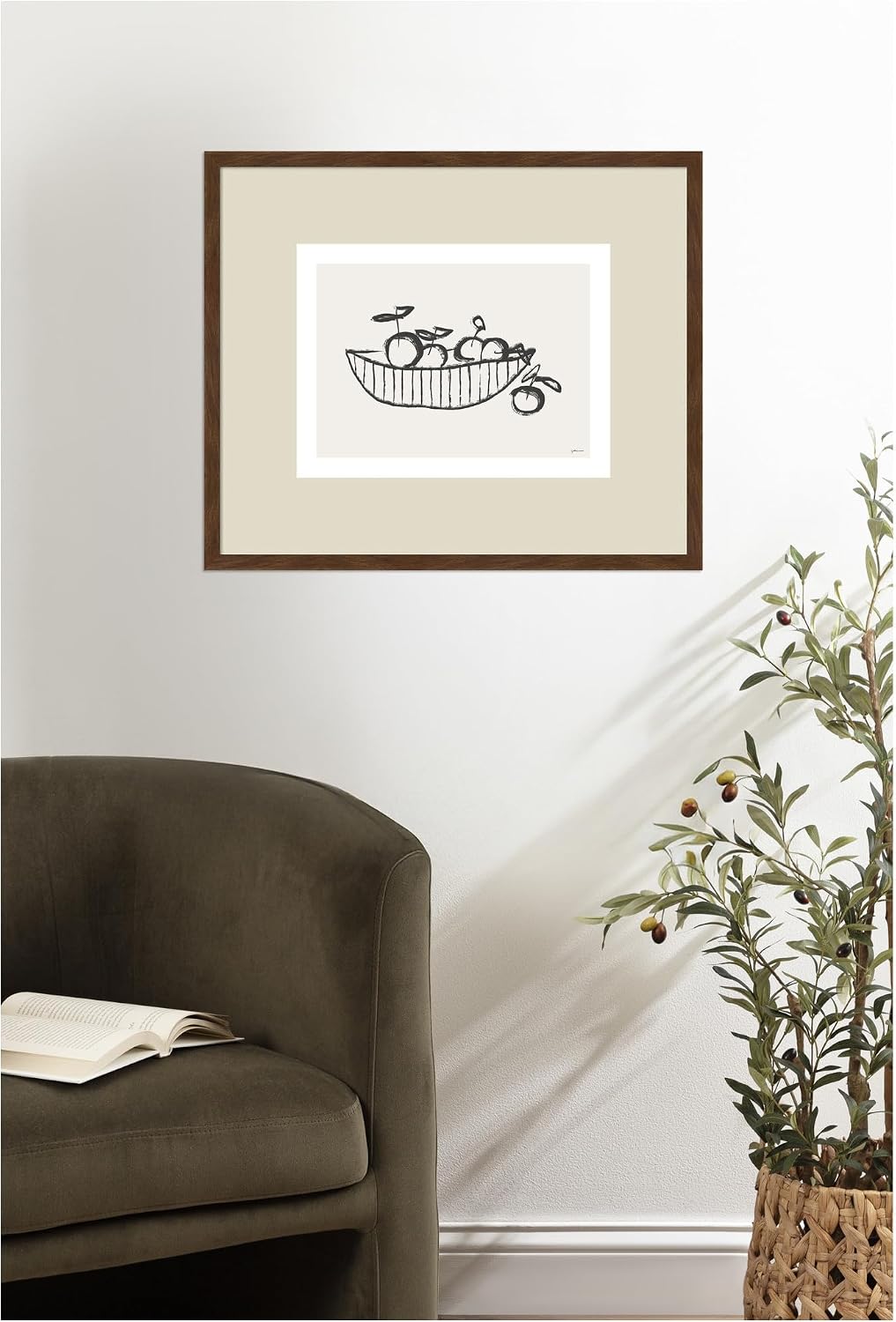 Kate and Laurel Framed Wall Art Print Orange Basket by Gabrielly Guedes, 25 x 21, Carlisle Brown Narrow Frame, Modern Contemporary, Still Life Art for Wall Decor