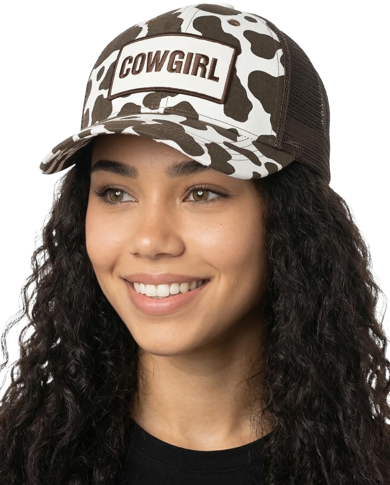 Funky Junque Trucker Hat for Women – Vintage Low Profile Mesh Back Baseball Cap, Adjustable Fit Dad Hat Style - Cow Girl (Cow Print/Brown)
