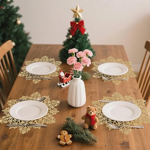 Miniatura 4 de Juego de 6 manteles individuales redondos de copo de nieve de Navidad, manteles individuales de vinilo dorado para decoración de mesa, fiesta,