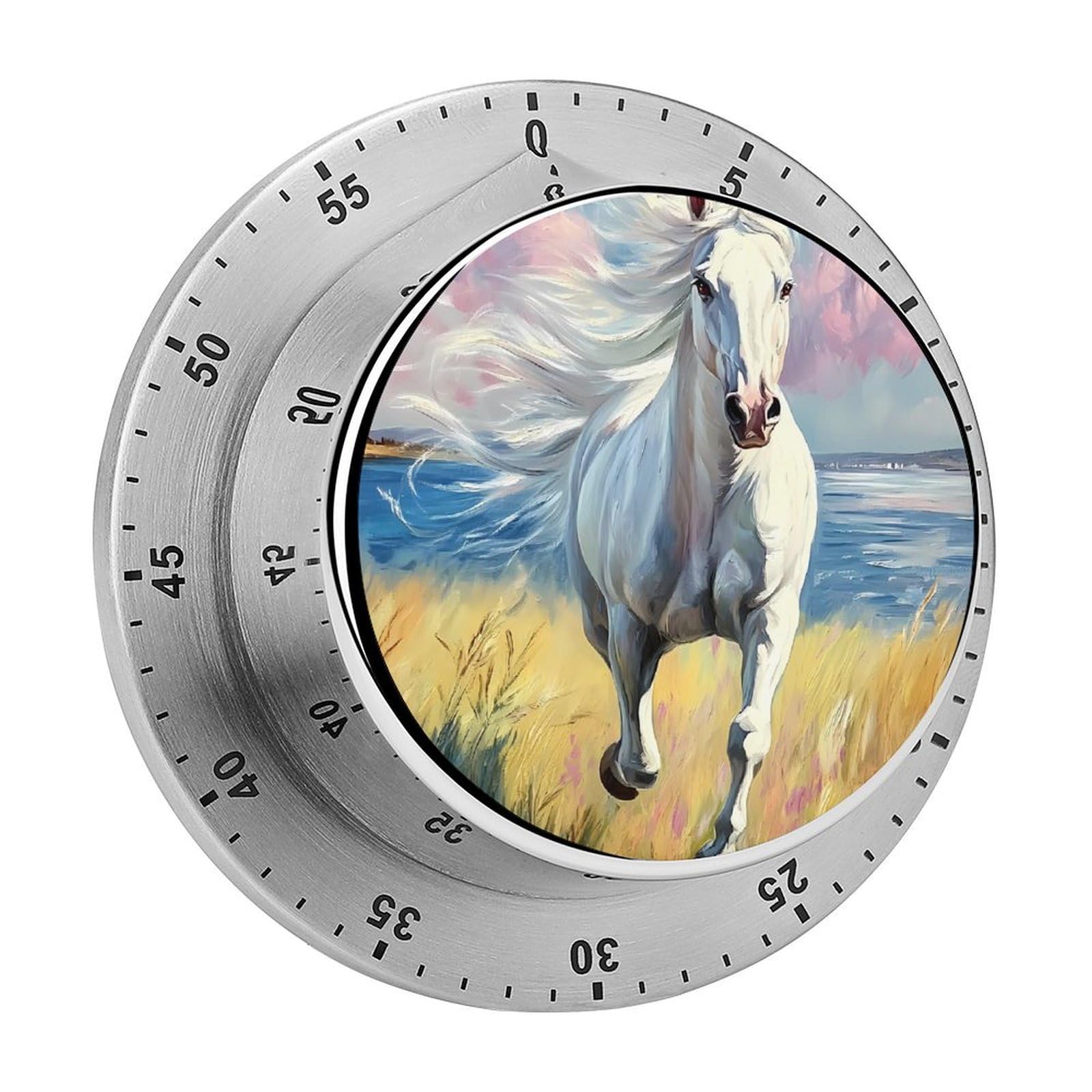 Horse Galloping Grassland Lakes Mechanical Timer with Alarm for Kitchen Cooking Productivity Stainless Steel Timers