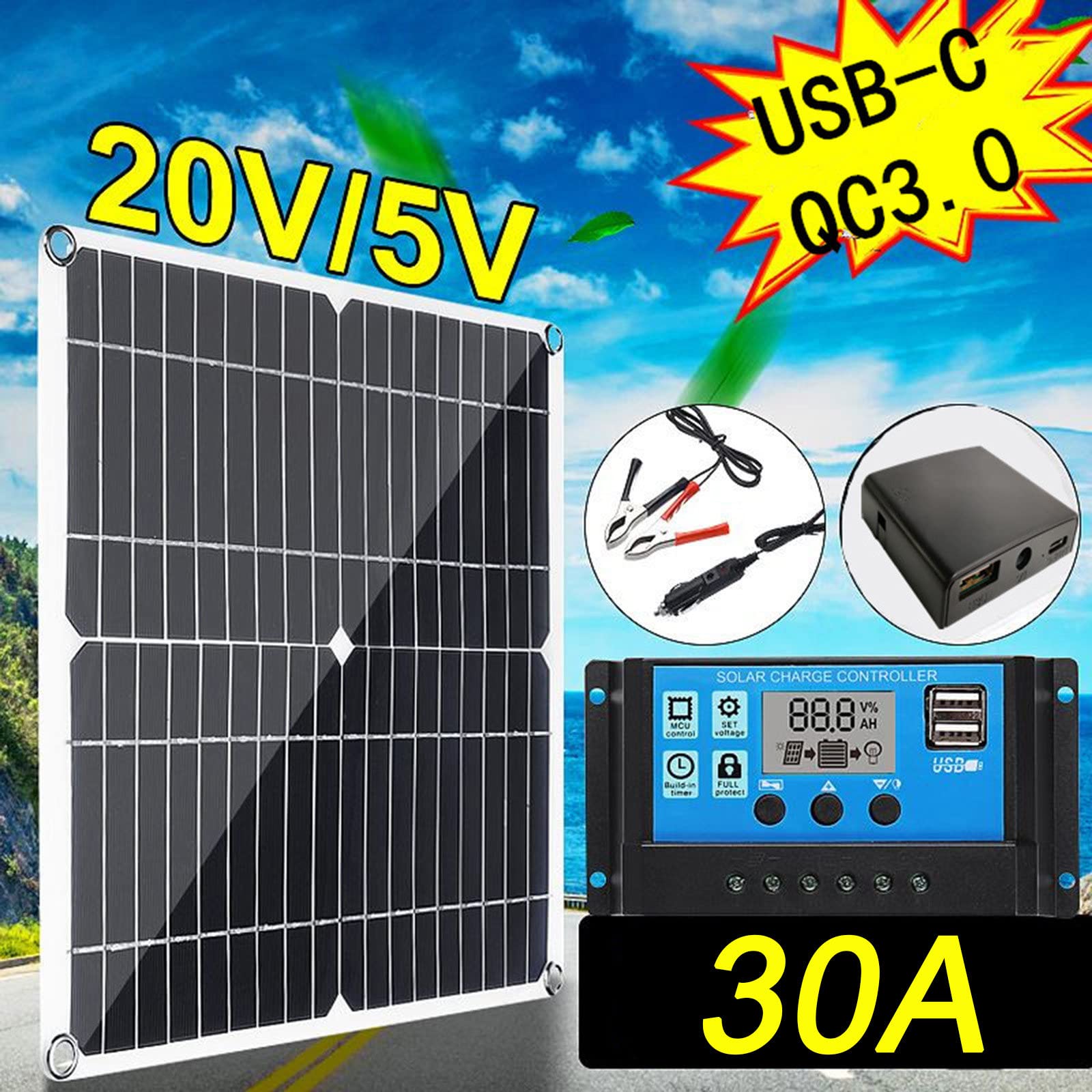 Zestaw Monokrystalicznych Paneli Słonecznych 200W, Przenośny Panel Fotowoltaiczny, do Samochodów, Kamperów, Łodzi, z Kontrolerem 10A 20A 30A 40A 50A 60A 70A 80A 90A 100A,30A