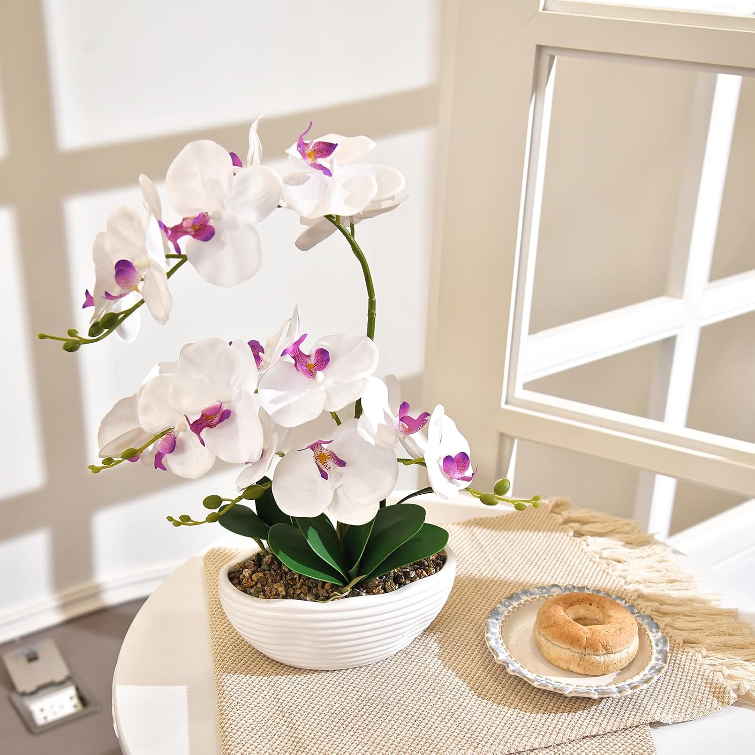 19" H Phalaenopsis Faux Orchid Plant Silk Orchid Centerpiece Artificial Floral Arrangement in Ceramic Pot (White) - Image 4
