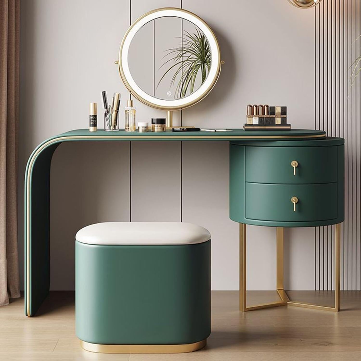 asdchZen Modern Makeup Desk Set With 360°Rotatable Mirror 3 Lighting Modes Adjustable Brightness 2 Drawers-Stylish Bedroom Vanity Table For Beauty And Nizing,Green-100