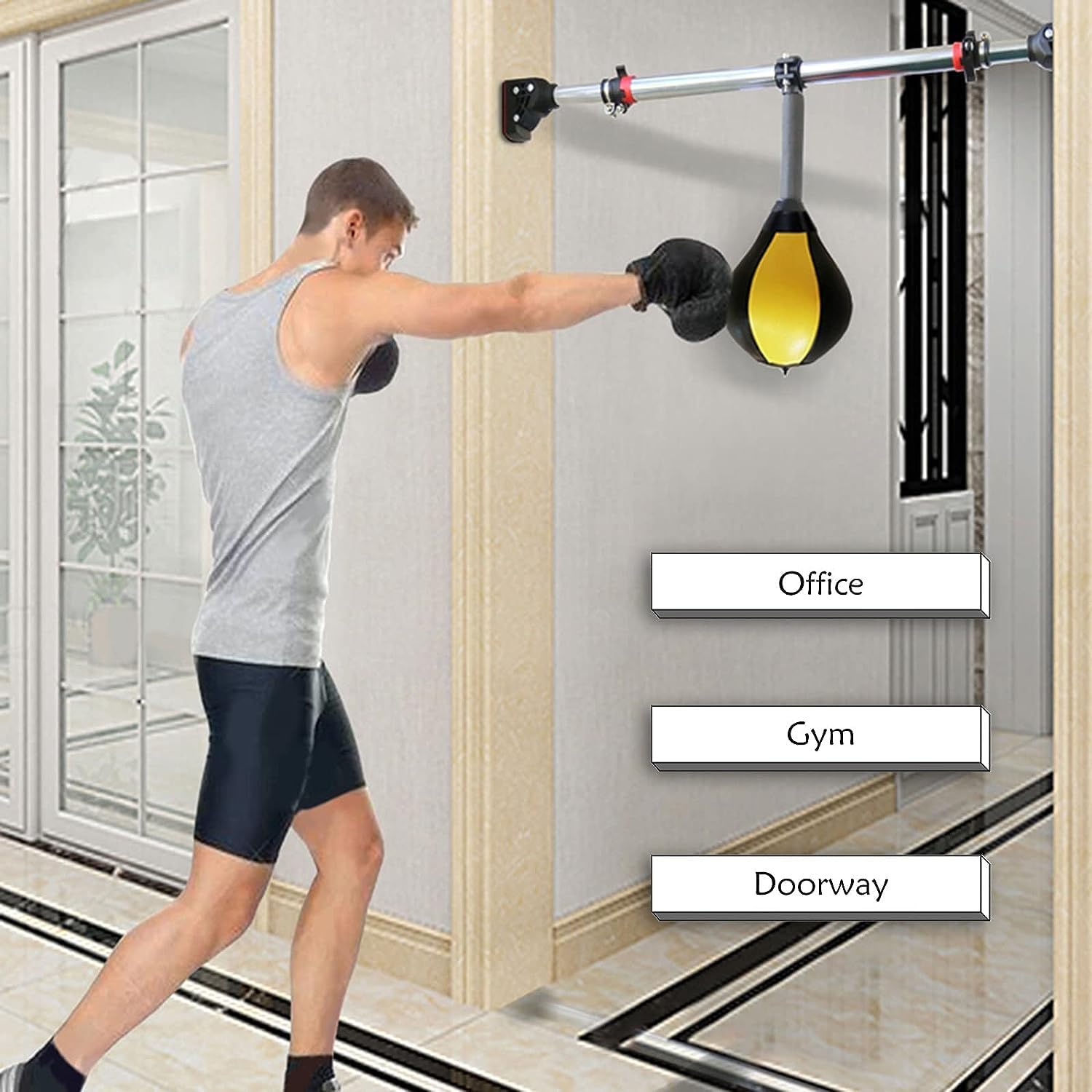 Speed Bag for Boxing, Hallway Entrance Doorway Punching Bags Wall-Mounted, Adults Kids Speed Boxing Reflex Ball Height Adjustable, Horizontal Bar & Inflatable Ball