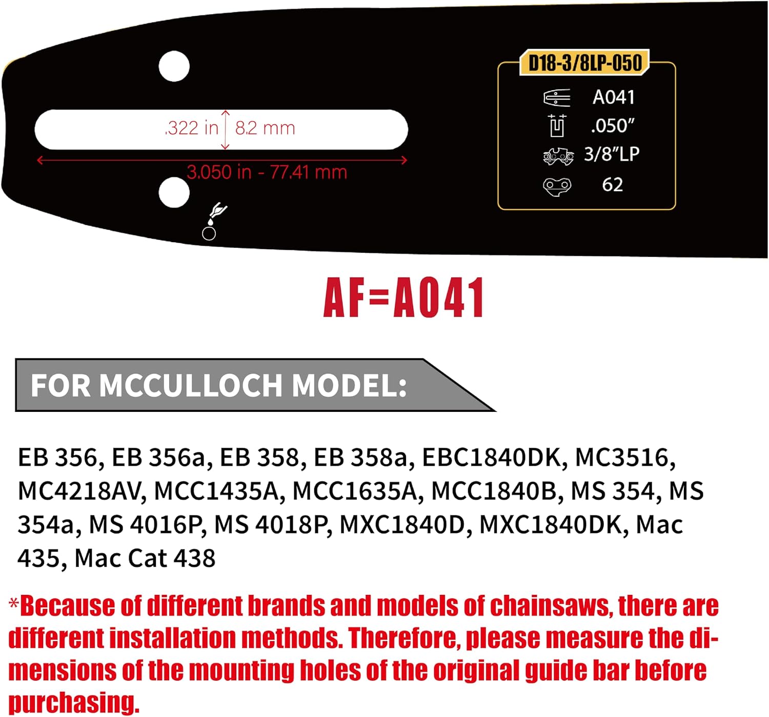 18 Inch Chainsaw Bar and Chain Combo Fit MCCULLOCH MXC1840D, MXC1840DK, Mac 435, Mac Cat 438 .050" Gauge .3/8"LP Pitch 62 Drive Links (3 Chains+ 1 Bar)