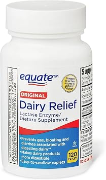 Dairy Relief Caplets, Original, Lactase Enzyme, 120 Pills by Equate Pack of 1 + Sticker