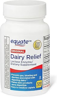 Dairy Relief Caplets, Original, Lactase Enzyme, 120 Pills by Equate (Pack of 1) + Sticker