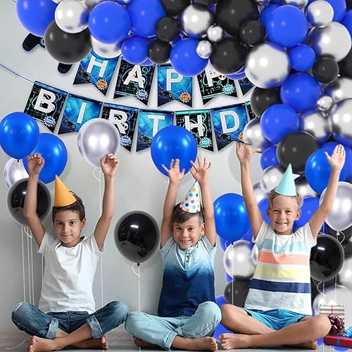 Miniatura 6 de Kit de arco de guirnalda de globos color negro, azul y plateado, globos plateados para niños, bebés, cumpleaños, videocámaras, cumpleaños,