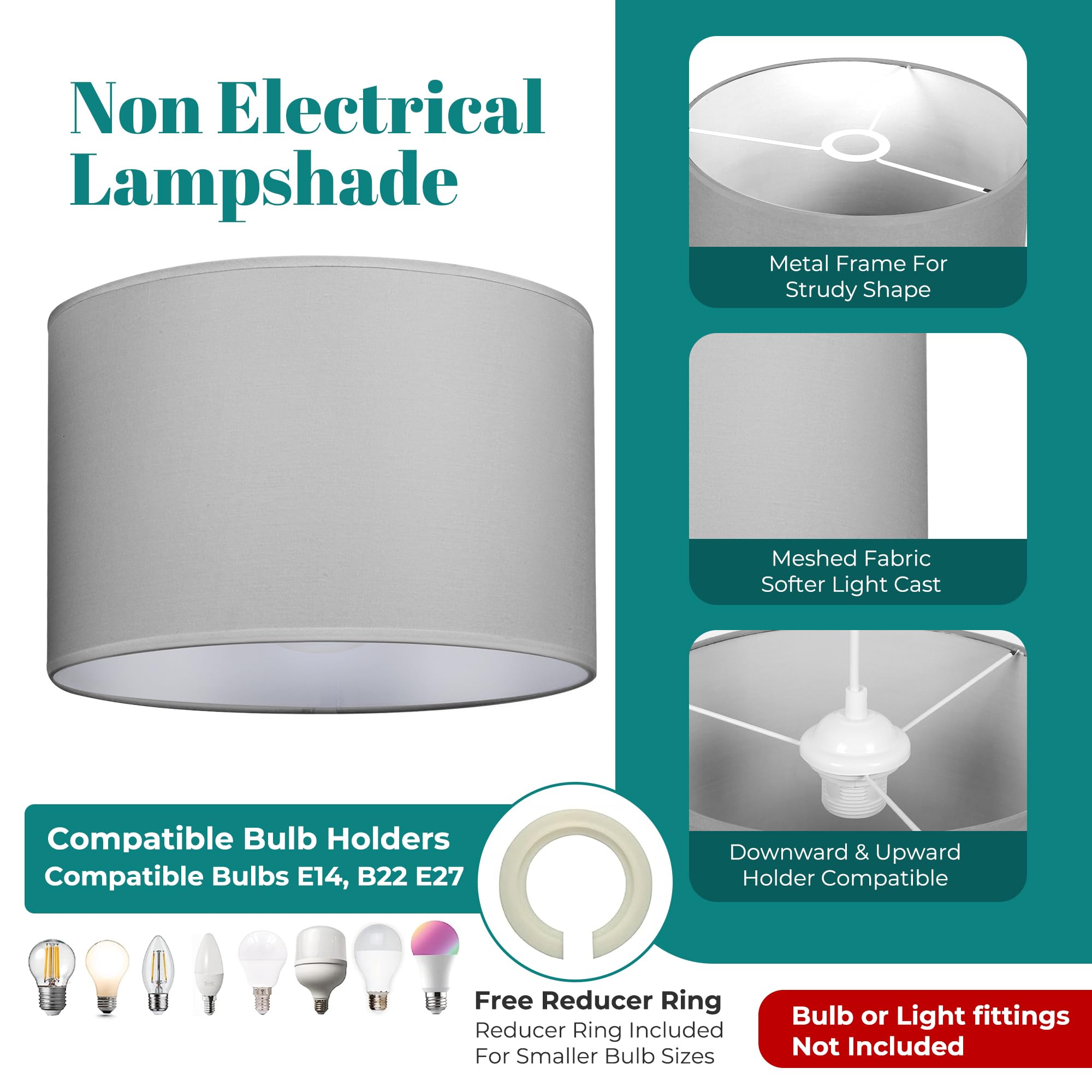GIGGI Fabric Lamp Shades, 8" Grey Lampshades for Ceiling Lights, Table Lamps & Floor Lamps, Easy Fit Pendant Light Shade Ceiling for Living Room, Bedroom, Kitchen, Hallway, Office & Home Décor — view 4