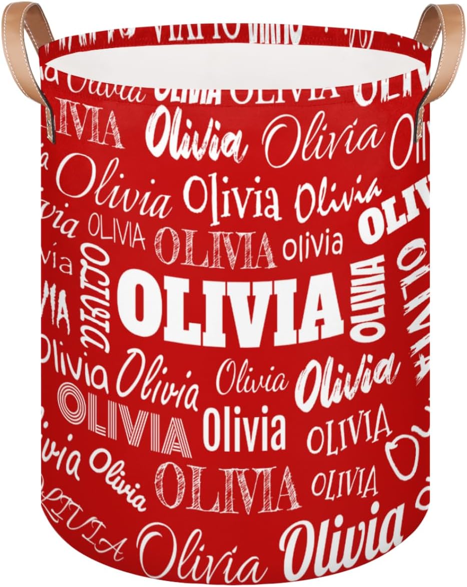 Personalized Name Laundry Basket, Canvas Fabric Collapsible Organizer Clothes Basket for Storage Bin Toy Bins Gift Baskets Bedroom, Solid Red Color