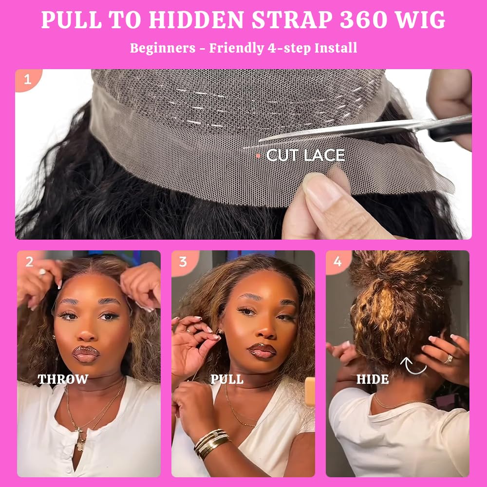 34 Inch 360 Deep Wave Lace Front Wigs Human Hair Hidden Strap Honey Blonde Ombre Lace Front Wig Human Hair Pre Plucked with Drawstring 180 Density Glueless HD Full Lace Frontal Wigs for Women