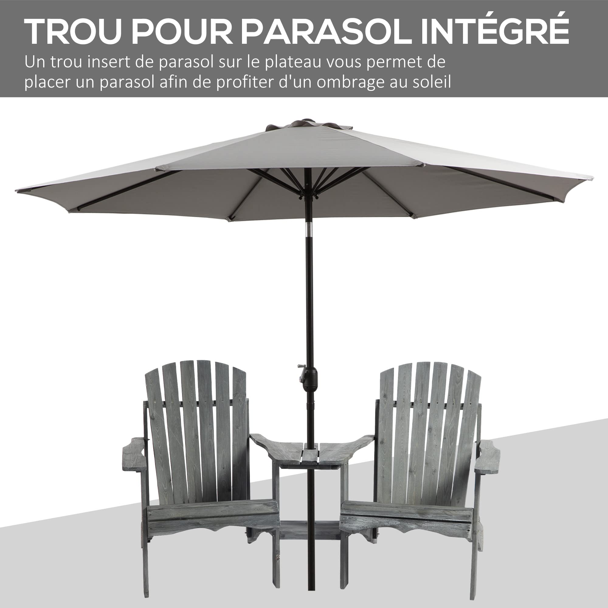 Outsunny Fauteuils de Jardin Adirondack avec Table Basse, Chaise Longue Espace Insertion Parasol, étagère Bois Sapin Gris