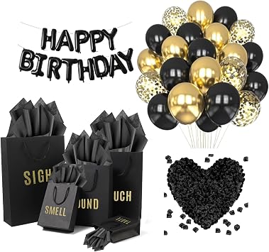 YIXAXKAO 5 Senses Gift Bags Five Senses Birthday Decorations with Tissue Paper Black Handle Paper Bags Happy Birthday Banner Balloon Party Decor for Him Husband Boyfriend Black Gold