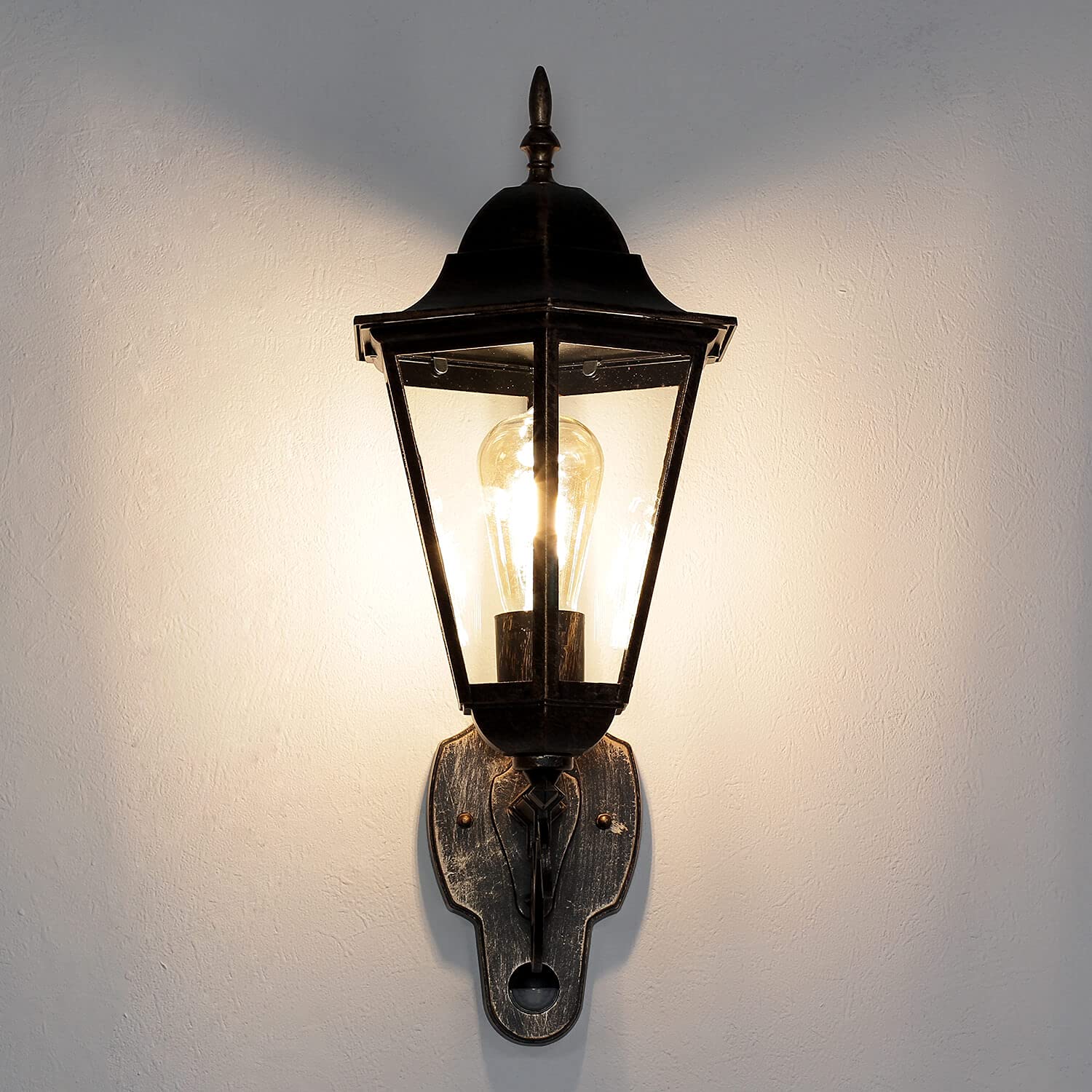 Licht-Erlebnisse Lampa zewnętrzna z czujnikiem ruchu, szkło, aluminium, w kolorze czarno-miedzianym, IP44, podwórko ogrodowe, szer.: 20,3 cm, E27, latarnia, zewnętrzna lampa ścienna BRISTOL