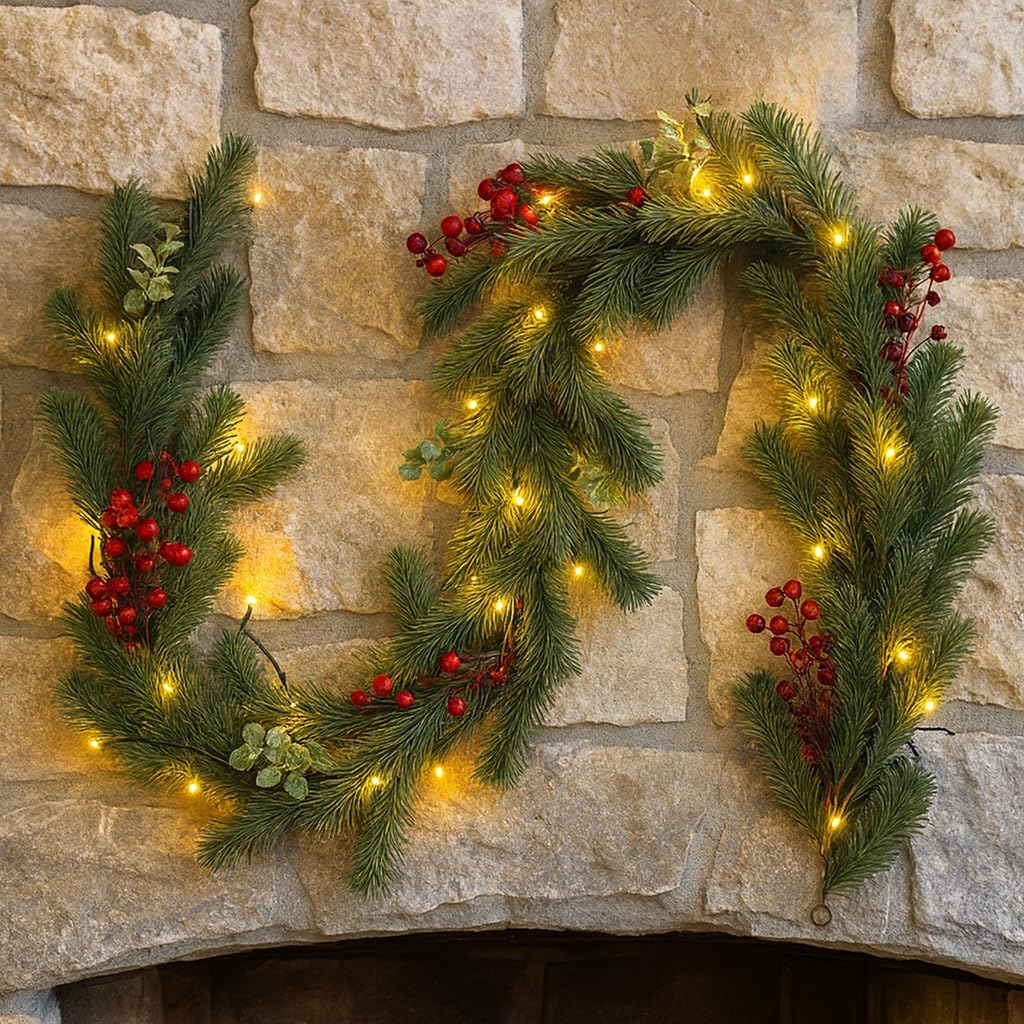 Christmas Garland Artificial Pine Decoration - 2 Pack Fake Green Cedar Garland Realistic Christmas Norfolk with Berry for Winter Holiday Mantle Fireplace Table Wall Window