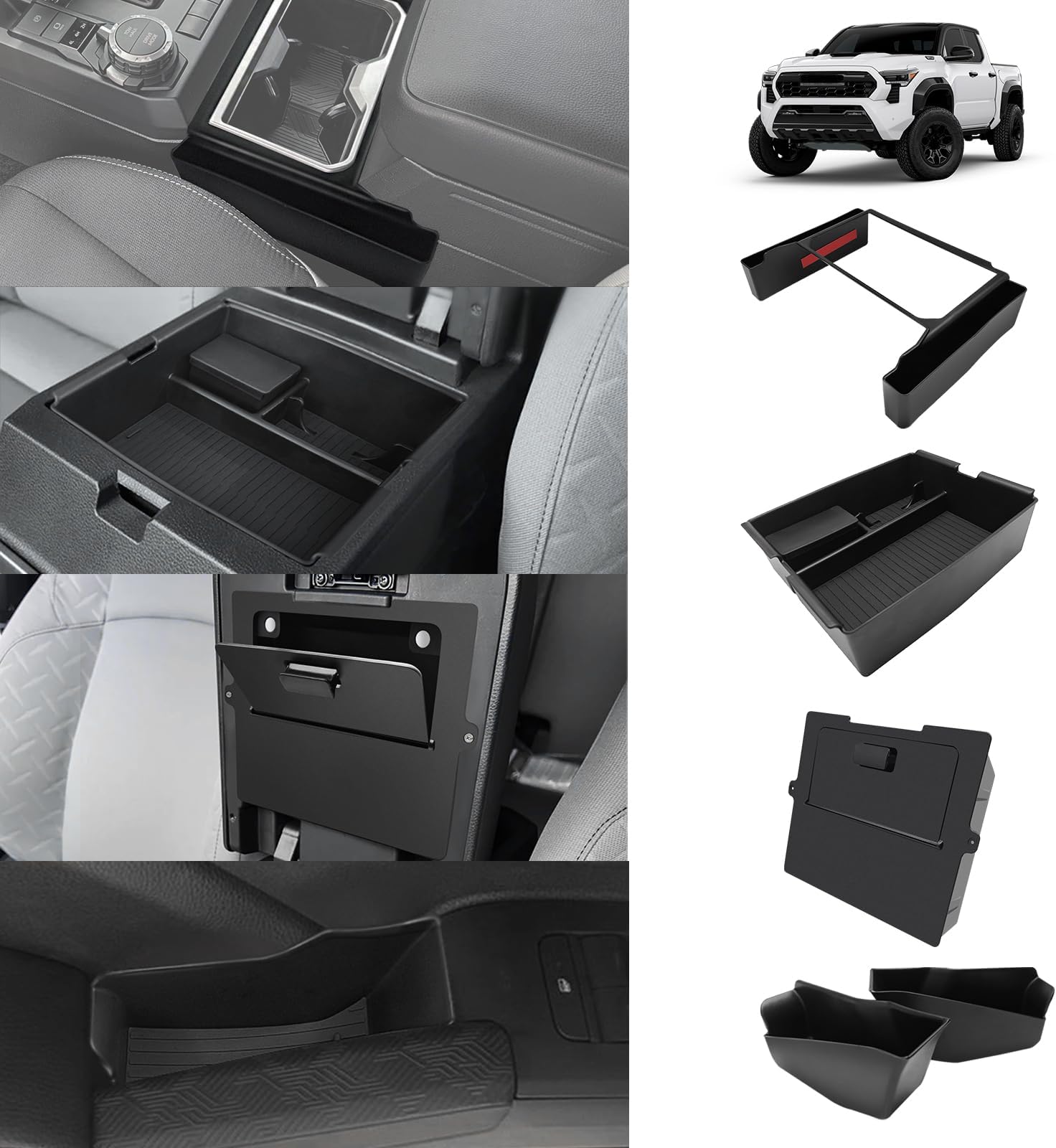 Muslogy Center Console Organizer Compatible with 2024 2025 Toyota Tacoma Accessories Interior Storage Box Insert Tray Phone Pocket(Console Organizer+Hanging Storage Hidden Box+Door Inserts Box)