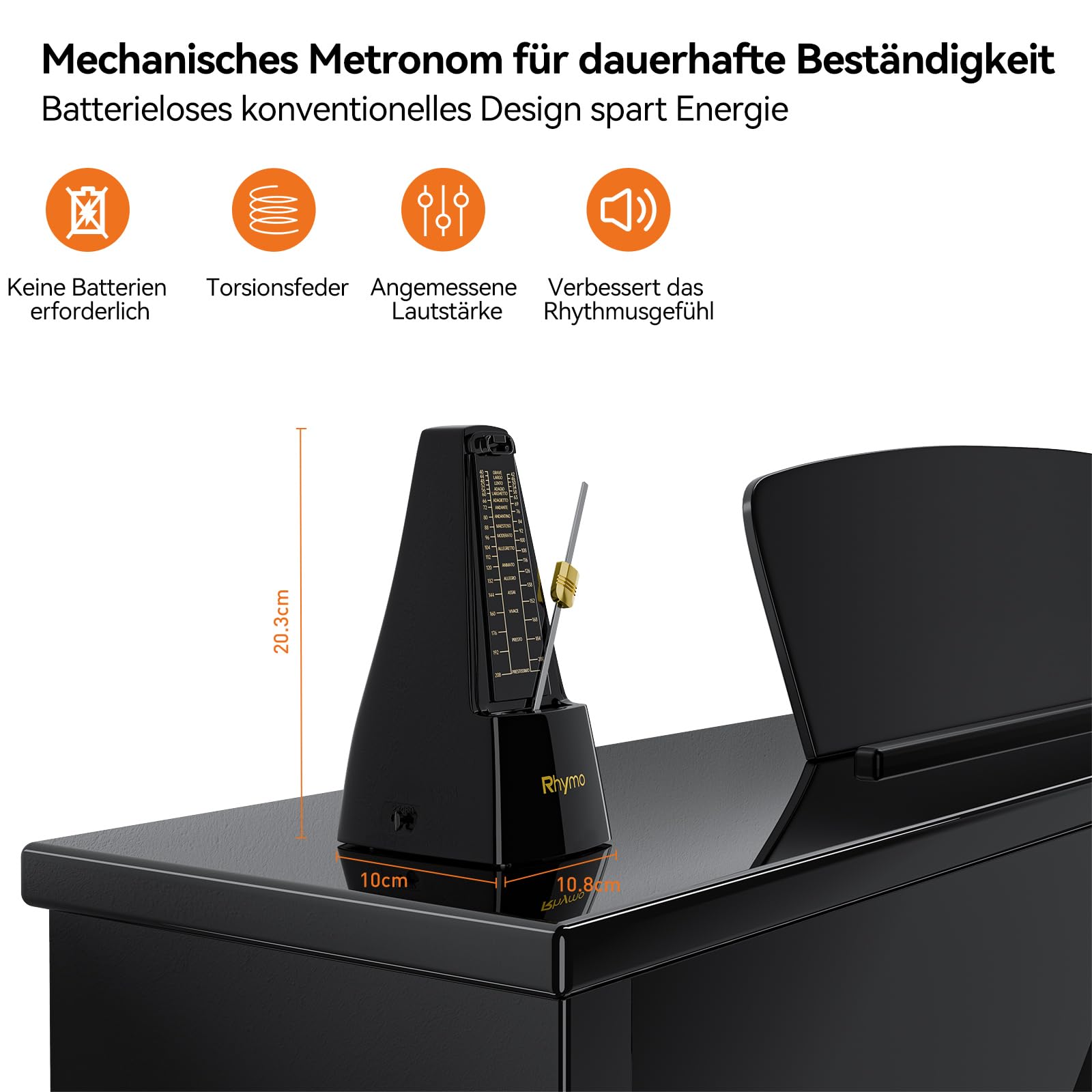 Rhymo Metronom Mechanisch mit Glocke, Aufgerüstetes Uhrwerk, 40-208 BPM, 4 Genaue Taktarten (2/4, 3/4, 4/4, 6/8) für Klavier, Gitarre & Schlagzeug (Schwarz)