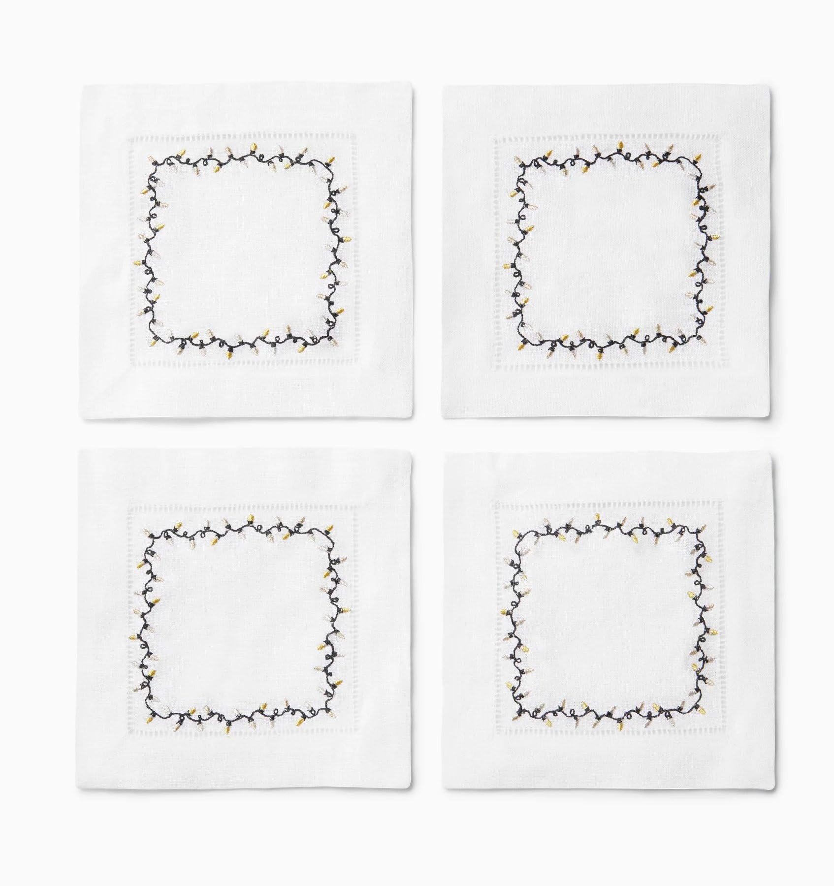 SferraLuci Embroidered Gold/Silver Linen Cocktail Napkins (6x6), Set of Four