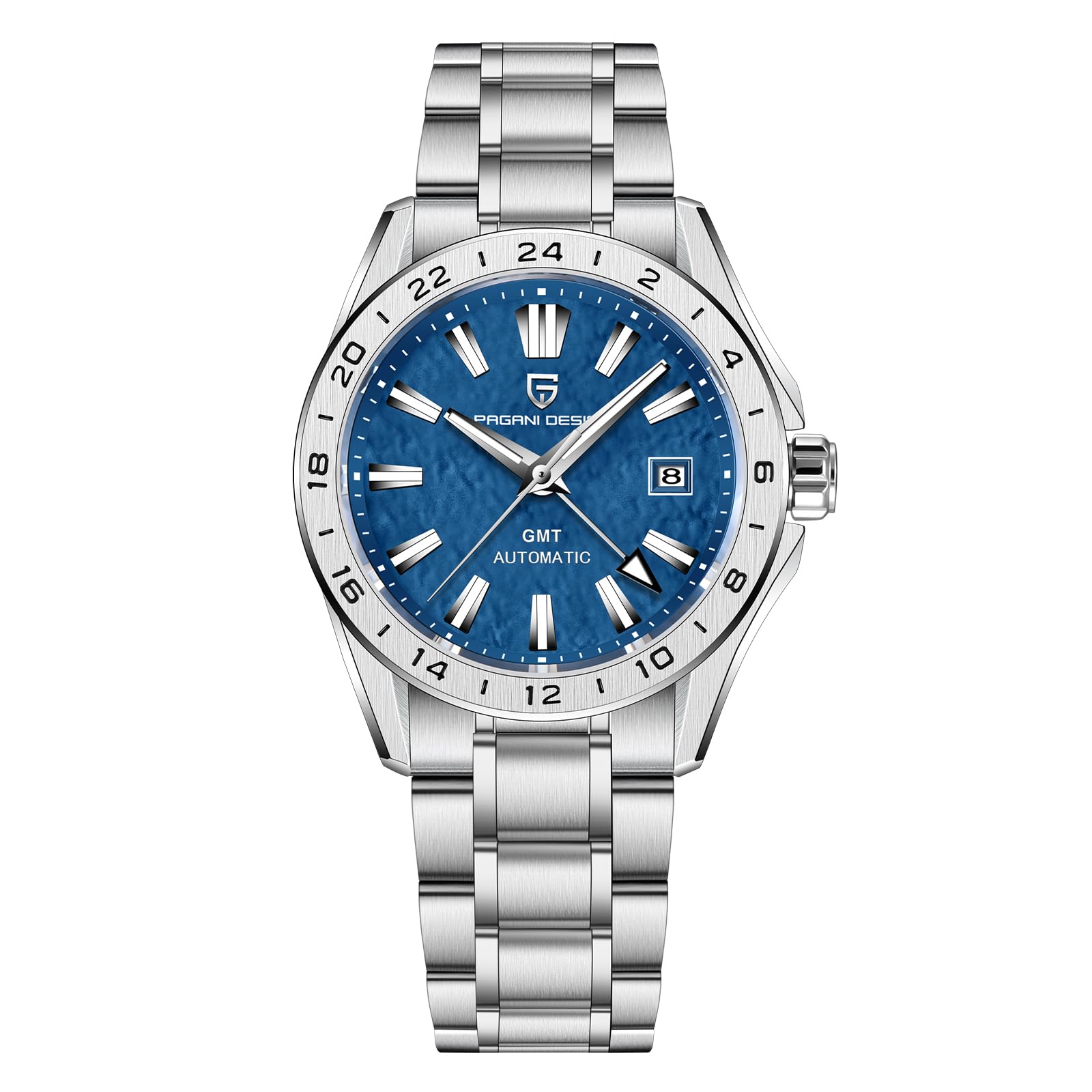 SUZAKU Pagani Design Men's Automatic GMT Mechanical Watch Sapphire Crystal Fixed Bezel Water Resistant 100m Stainless Steel Luminous Sports Men's Watch(Steel Blue-4)