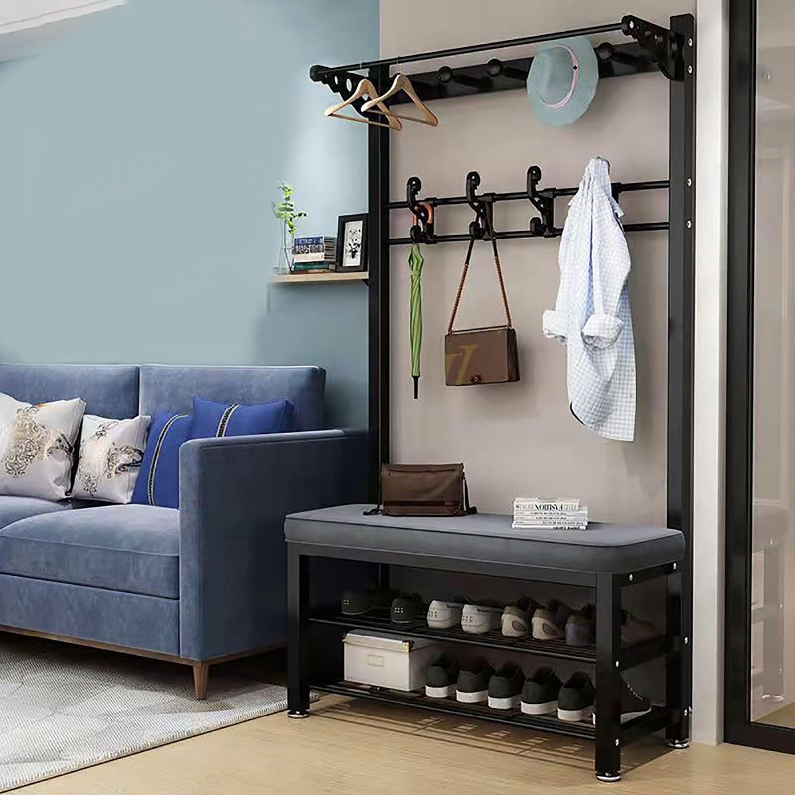 MYUYEE Large Coat Rack With Shoe Rack, Clothes Rack With Metal Frame And Hooks, Coat Rack With Double Hooks And Bench, For Cloakrooms, Bedrooms, Hallways B, 100 * 33 * 172Cm(C-100 * 33 * 172Cm)