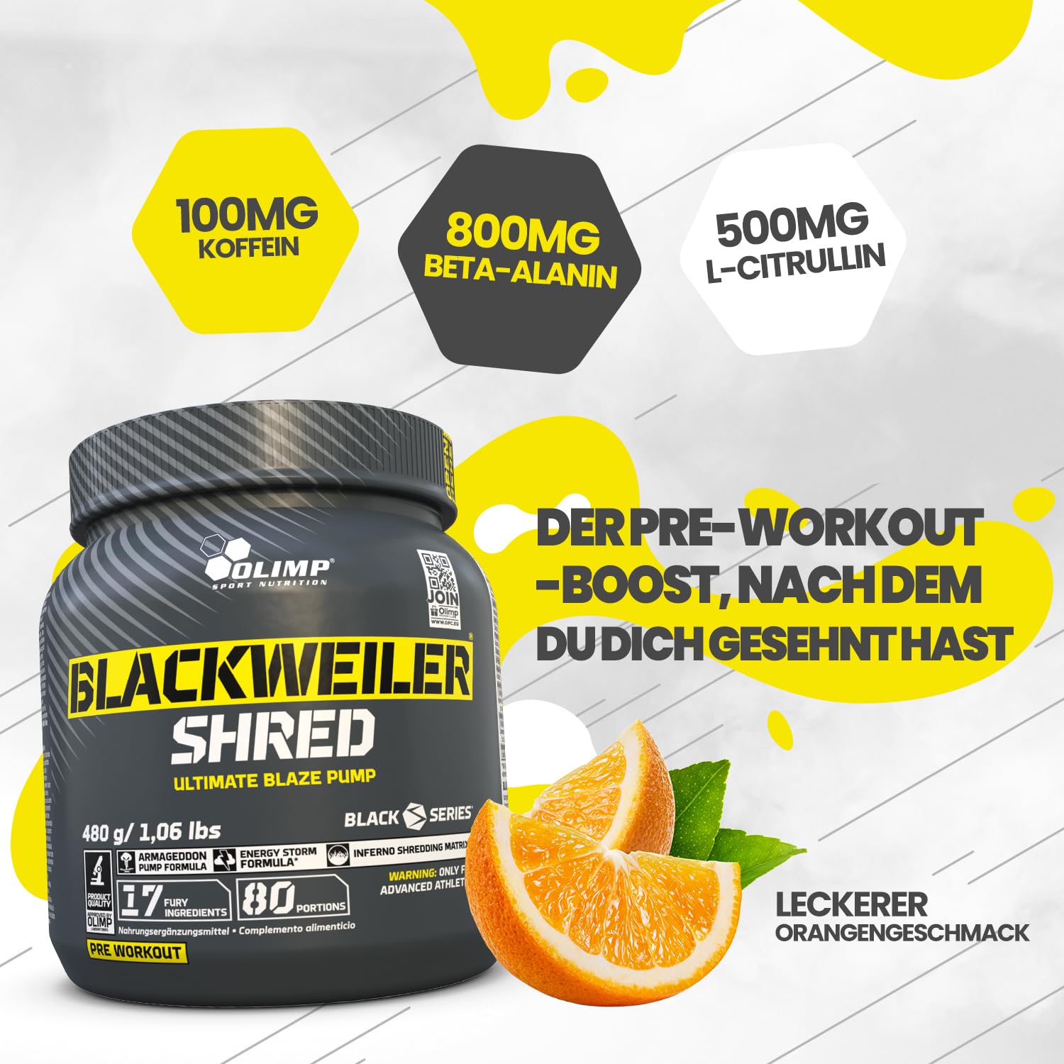 Olimp Sport Nutrition Sport Nutrition Blackweiler Shred, Exotic Orange, 480 g, Pre Workout Booster und Fettverbrenner, L-Arginin und Beta-Alanin