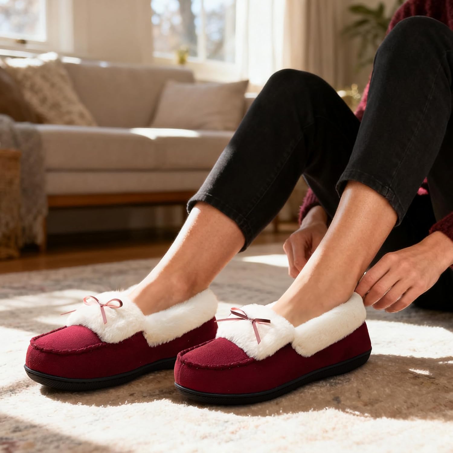 RockDove Women's Faux Fur Lined Micro Suede Moccasin Slipper 8 Wine