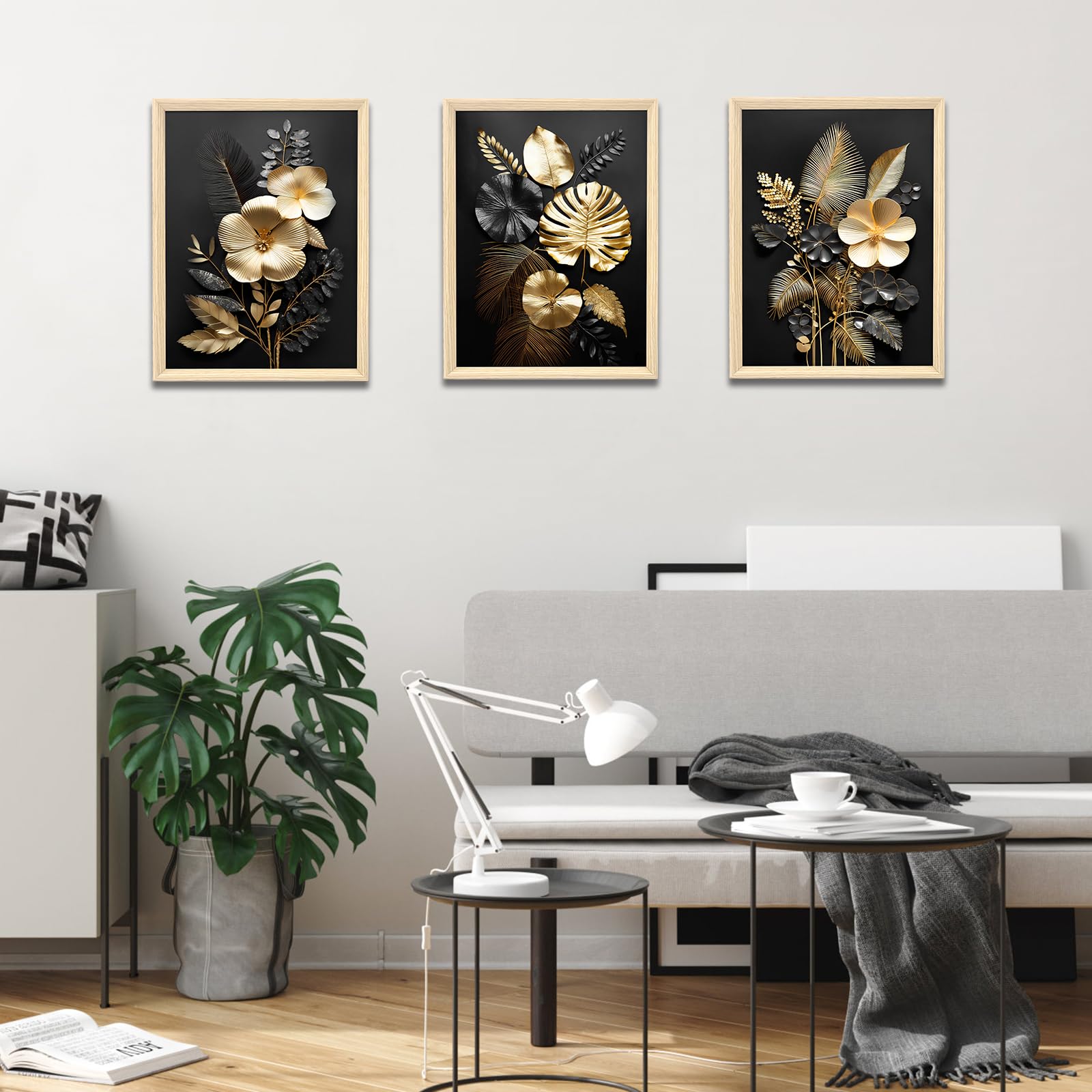 3Pcs Fiori 3D Oro Nero Stampa su Tela Con Cornice Foglie di Monstera Pittura Quadri su Tela Quadri Moderni Poster Camera da Letto Soggiorno Decorazioni 90x40cm(12"x16"x3pcs) (Senza Plexiglass)