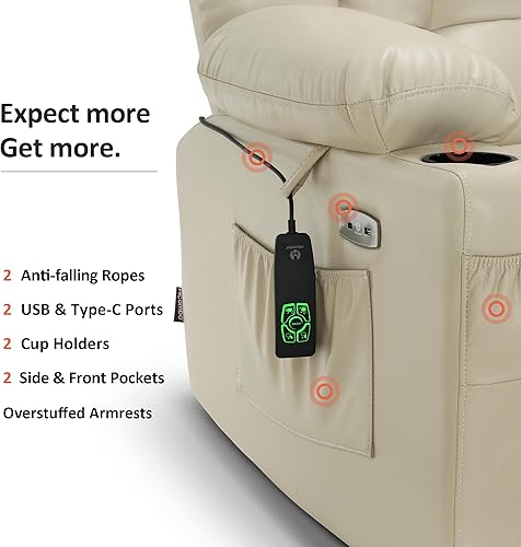 Miniatura 92 de MCombo Silla reclinable eléctrica de doble motor para personas mayores, silla elevadora plana con calor y masaje, portavasos, puertos USB, piel