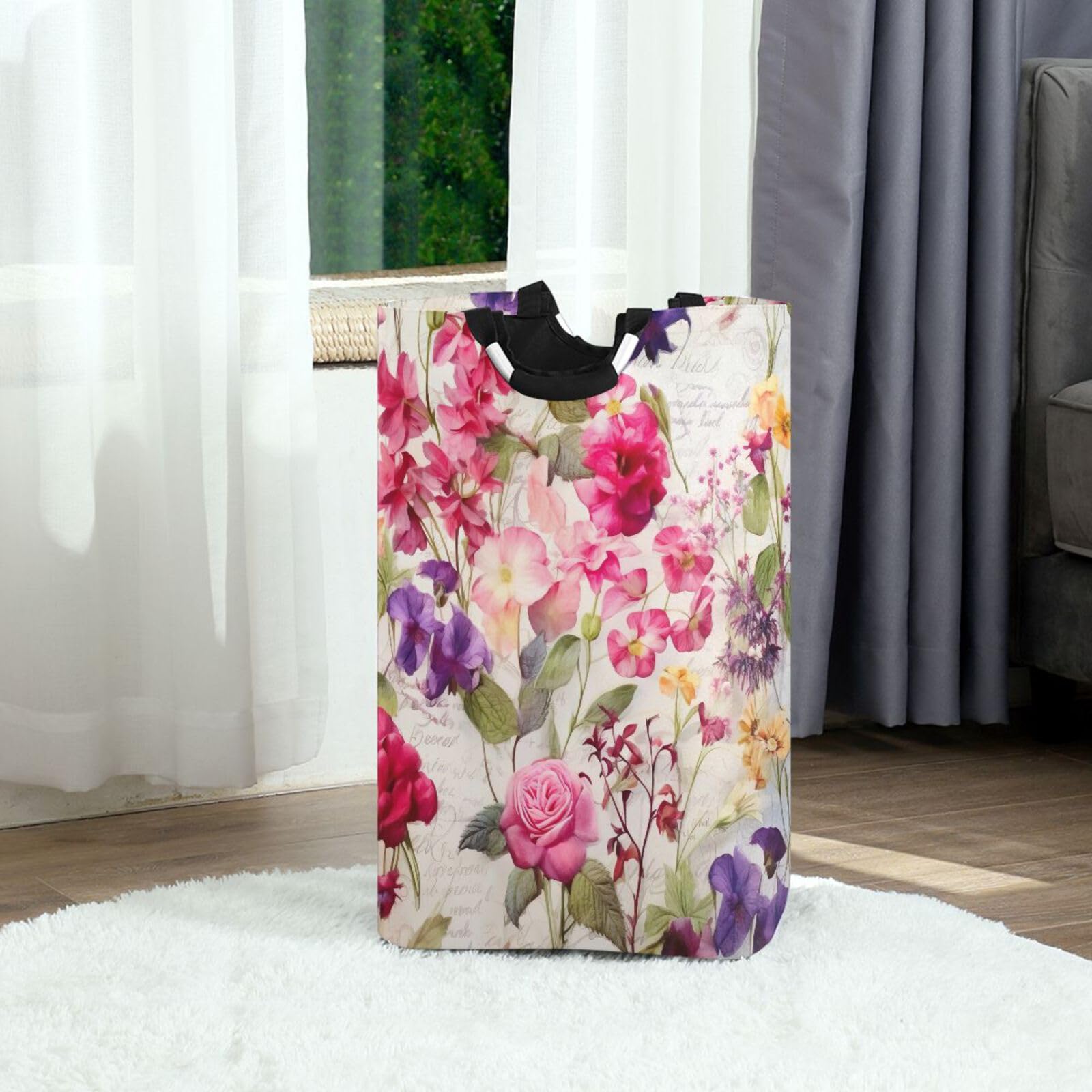 Jihqo Laundry Hamper Basket Beautiful Flower Collapsible Nursery Storage Bin Waterproof Clothing Baskets for Home Bedroom Bathroom Washing Room