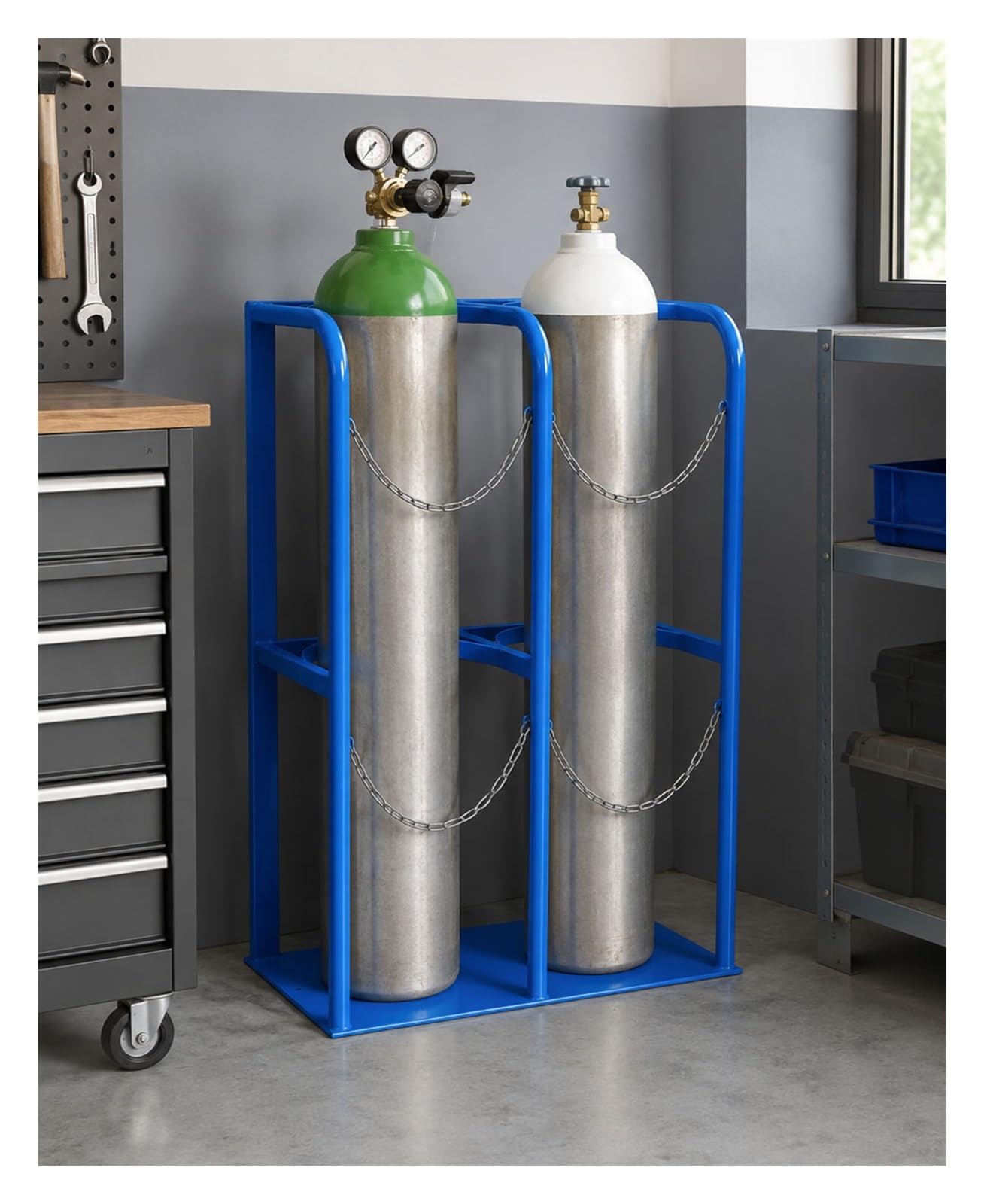 Soporte para 2 bombonas de gas 40L, estante de acero con cadenas ajustables, ranura en U y orificios de fijación, taller laboratorio