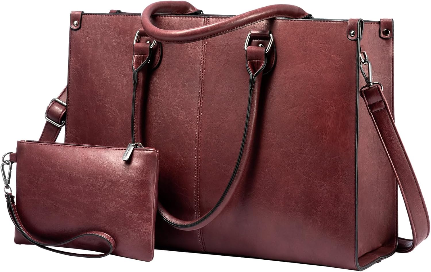 LOVEVOOK Laptop Tote Bag for Women, 15.6 Inch Large Capacity Vintage Leather Work Computer Bag, Business Casual Shoulder Handbag, Wine Red 15.6 inch Wine Red