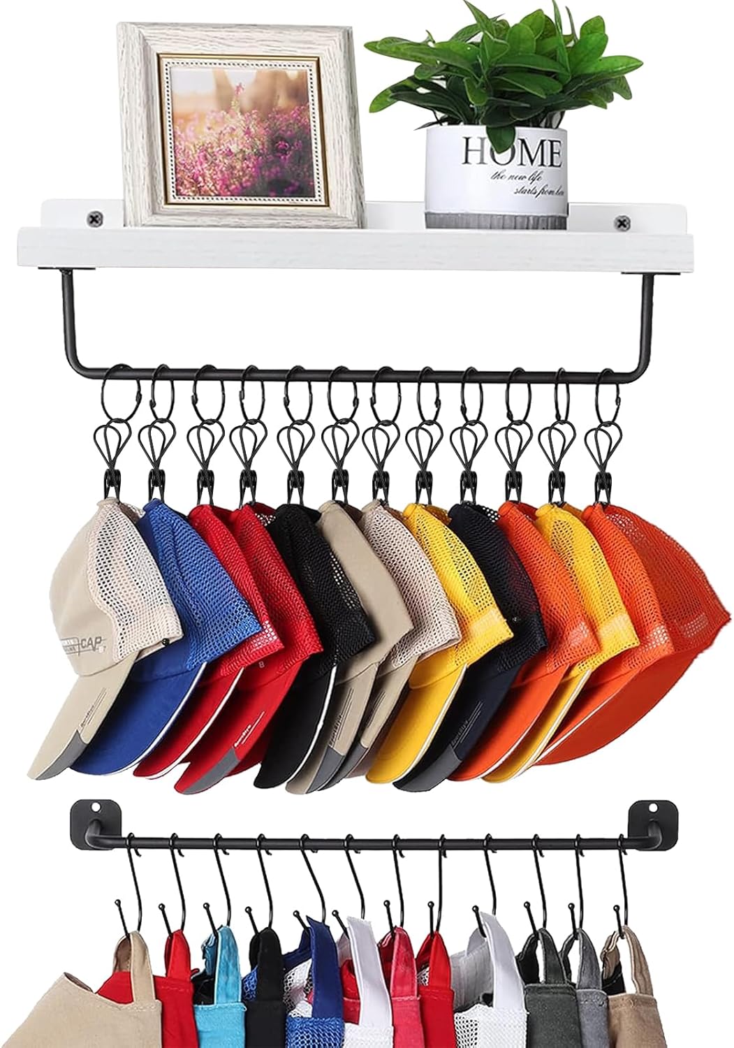 Hat Hanger for Wall with Shelf for 24 Baseball Caps Hat Organizer with 12 Clip and 12 Hook Metal Hat Holder Hat Rack for Baseball Caps Trucker Hat Vintage White