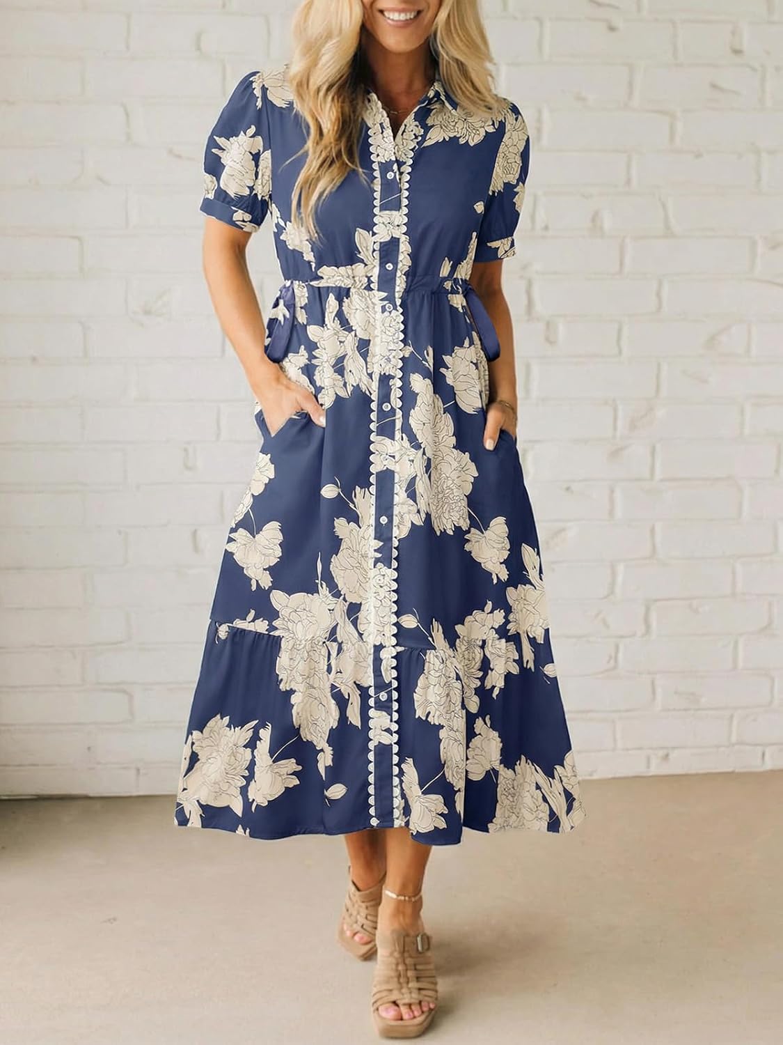 Wenrine Womens Casual Shirt Dress Floral Collared Short Sleeve Button Down Drawstring Waist Loose Summer Maxi Dresses - Image 2