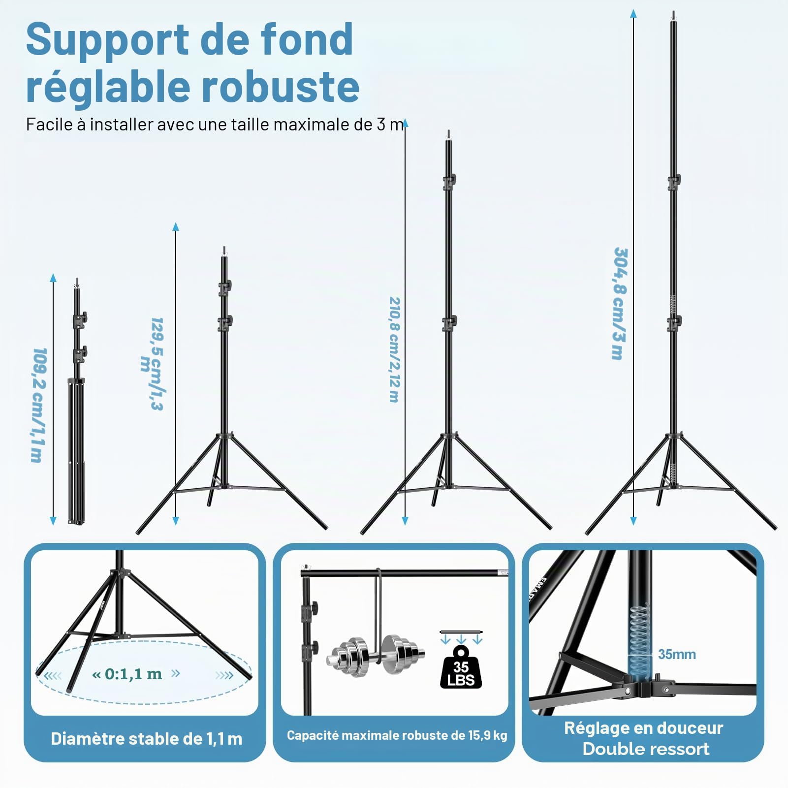 EMART Support de Fond Réglable 3 x 3 m, Système de Support de Toile de Fond avec 4 Pinces et Sac de Transport pour Studio Photo, Photographie Portrait, Vidéo, Mariage