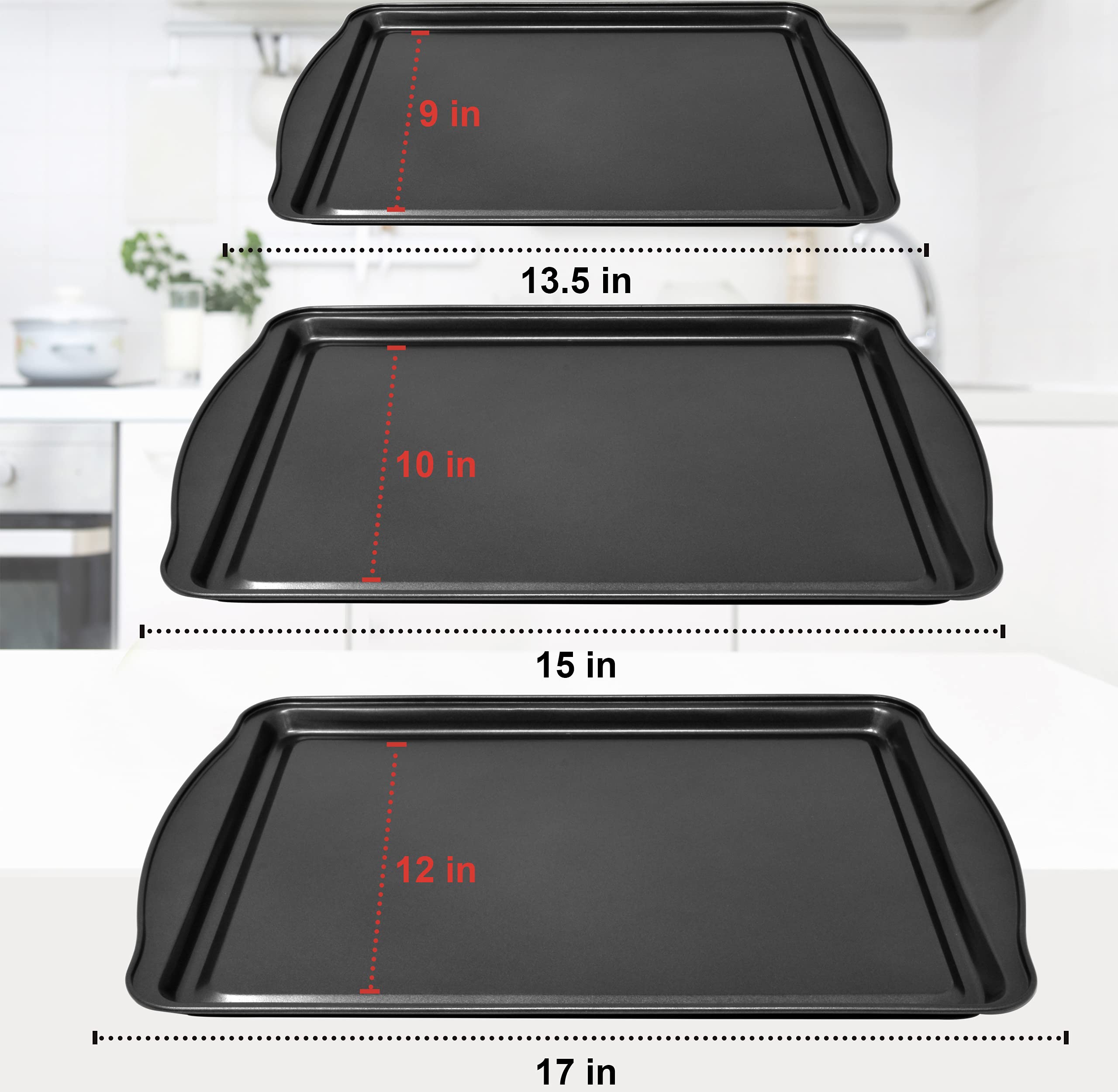 PERLLI Backblech-Set für Backofen, antihaftbeschichtet, 3-teiliges Stahl-Backgeschirr-Set, Kochblech, halbe Backform, kleine, mittelgroße und große Tabletts für Kuchen und Kekse