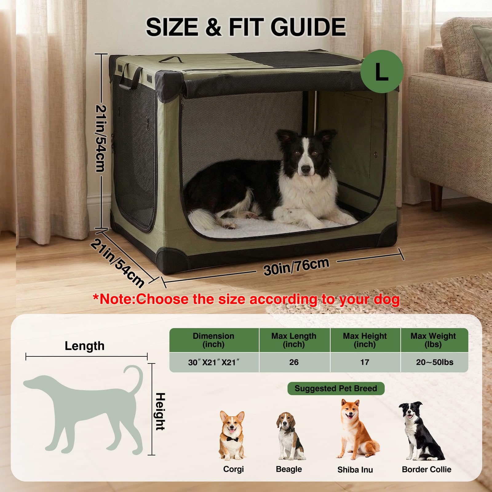Veraste 30 Inch Collapsible Travel Dog Crate for Medium Large Dogs, Portable Dog Crate 4-Door Foldable Soft Kennel with Durable Mesh Windows for Indoor & Outdoor Travel, with Storage Bag,Green - image 2