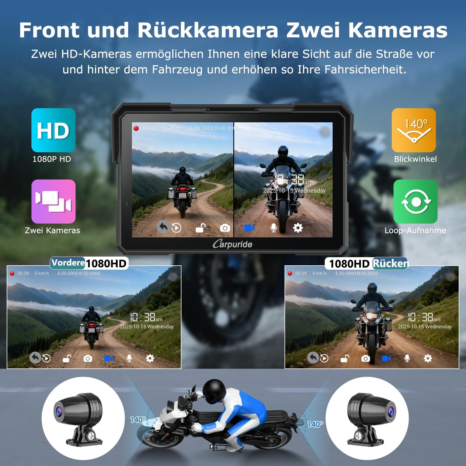 Carpuride W702 Plus 8 Kern Android 14 Motorrad Carplay Bildschirm mit Dual Kameras, Kabellos CarPlay und Android Auto, 7" Wasserdichter Touchscreen, BT Audio, Loop-Aufnahme, Online/Offline Navigation.
