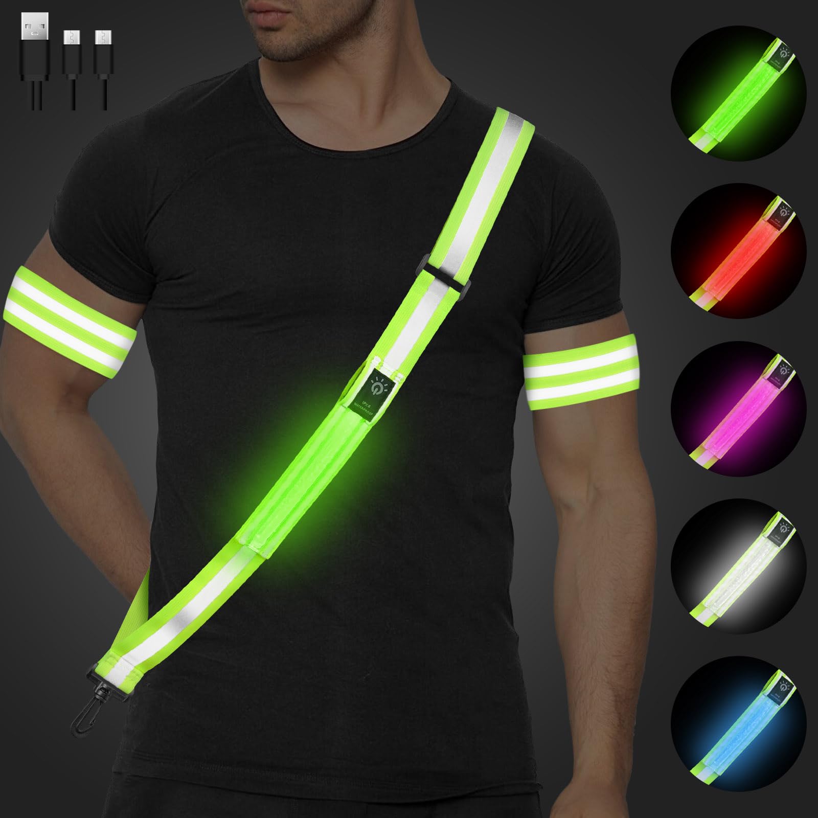 Ainiv LED Running Lights Reflective Sash, Flashing Light Up High Visibility Safety Gear, USB Rechargeable Waterproof Illuminating Strips, 5 Lights Colors & 3 Light Modes Reflective Running Accessories